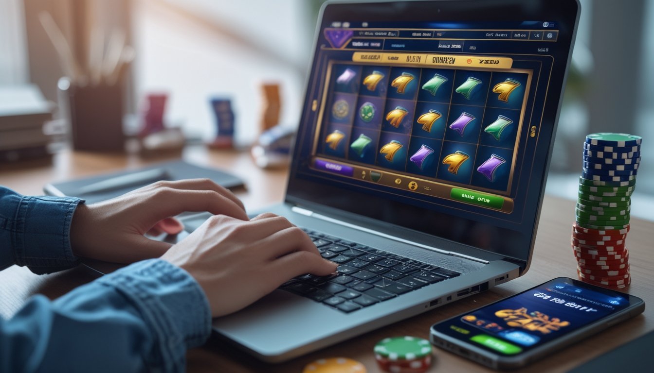Meja kerja dengan laptop menampilkan permainan slot online, tangan seseorang mengoperasikan laptop dan ponsel menunjukkan fitur spin otomatis.