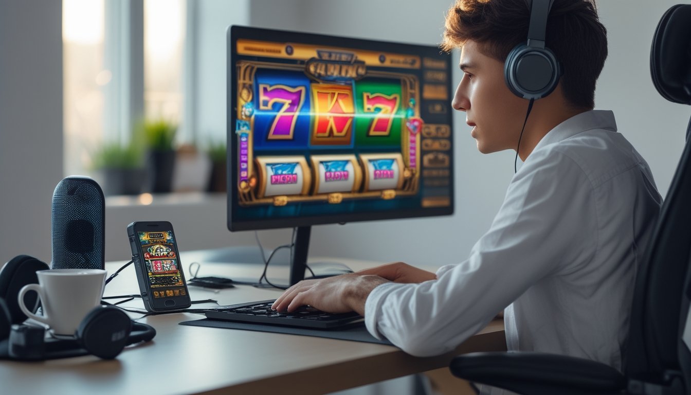 Seorang pemain muda duduk di depan laptop dengan tampilan mesin slot yang berwarna cerah di layar, di ruang yang rapi dan terang dengan peralatan gaming di sekitarnya.