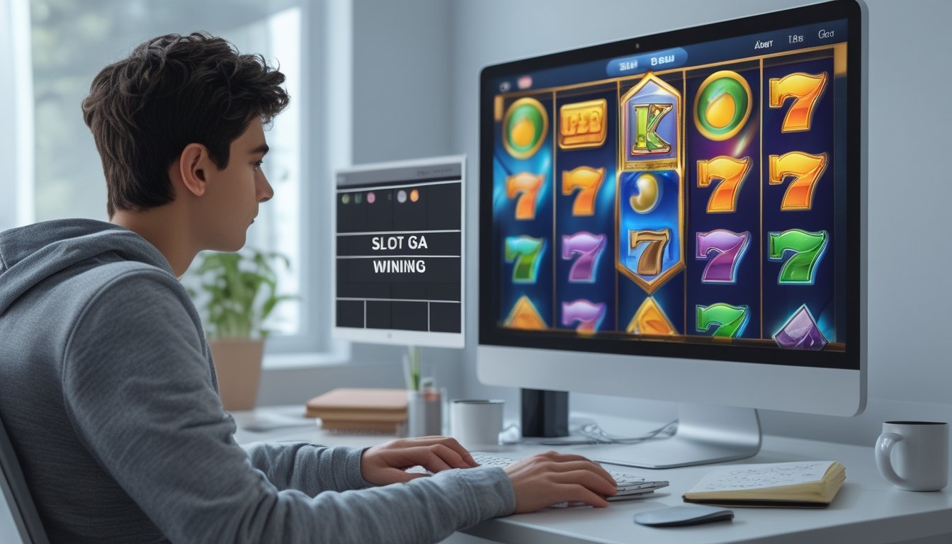 Seorang pemain muda fokus di depan komputer dengan tampilan permainan slot online berwarna-warni di layar, duduk di meja kerja yang rapi dengan catatan dan ponsel di dekatnya.