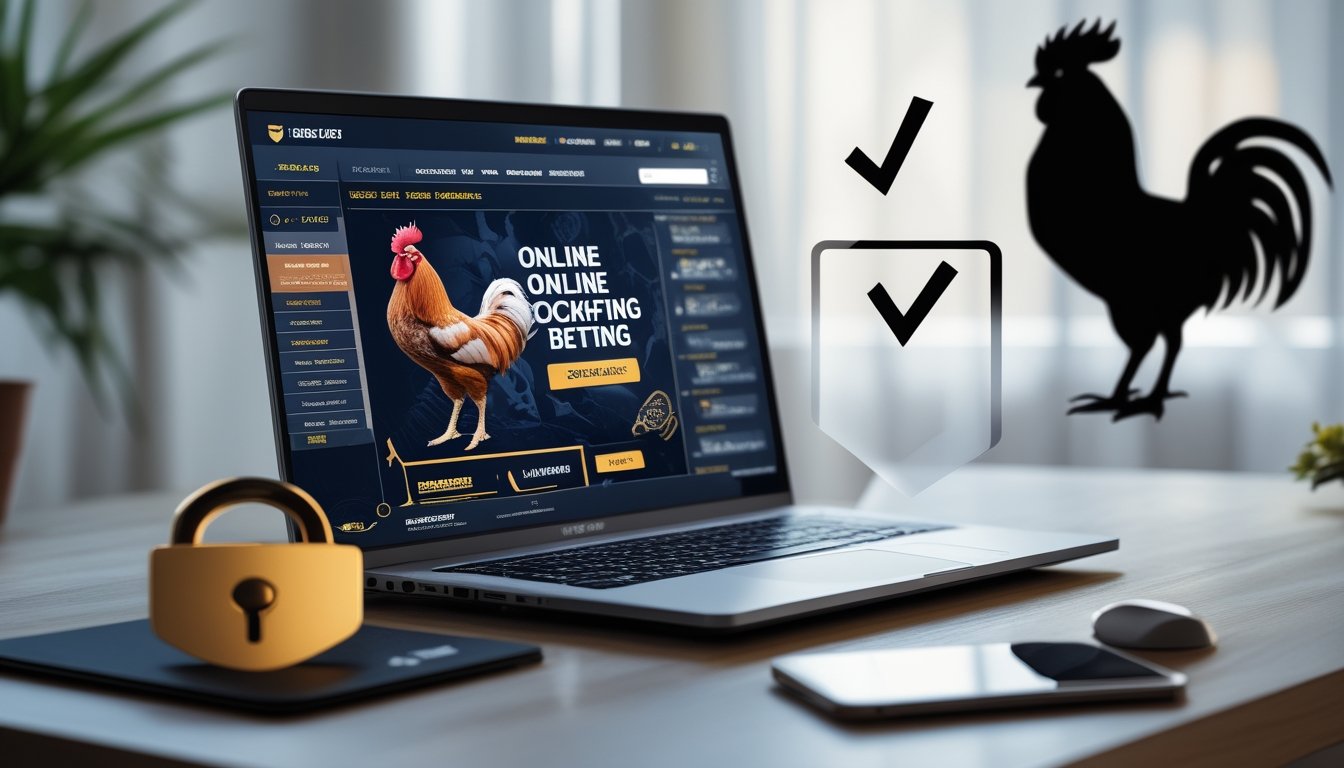 Seorang pria menggunakan laptop di meja kerja dengan tampilan situs taruhan sabung ayam online, dikelilingi ikon keamanan dan simbol ayam jago.
