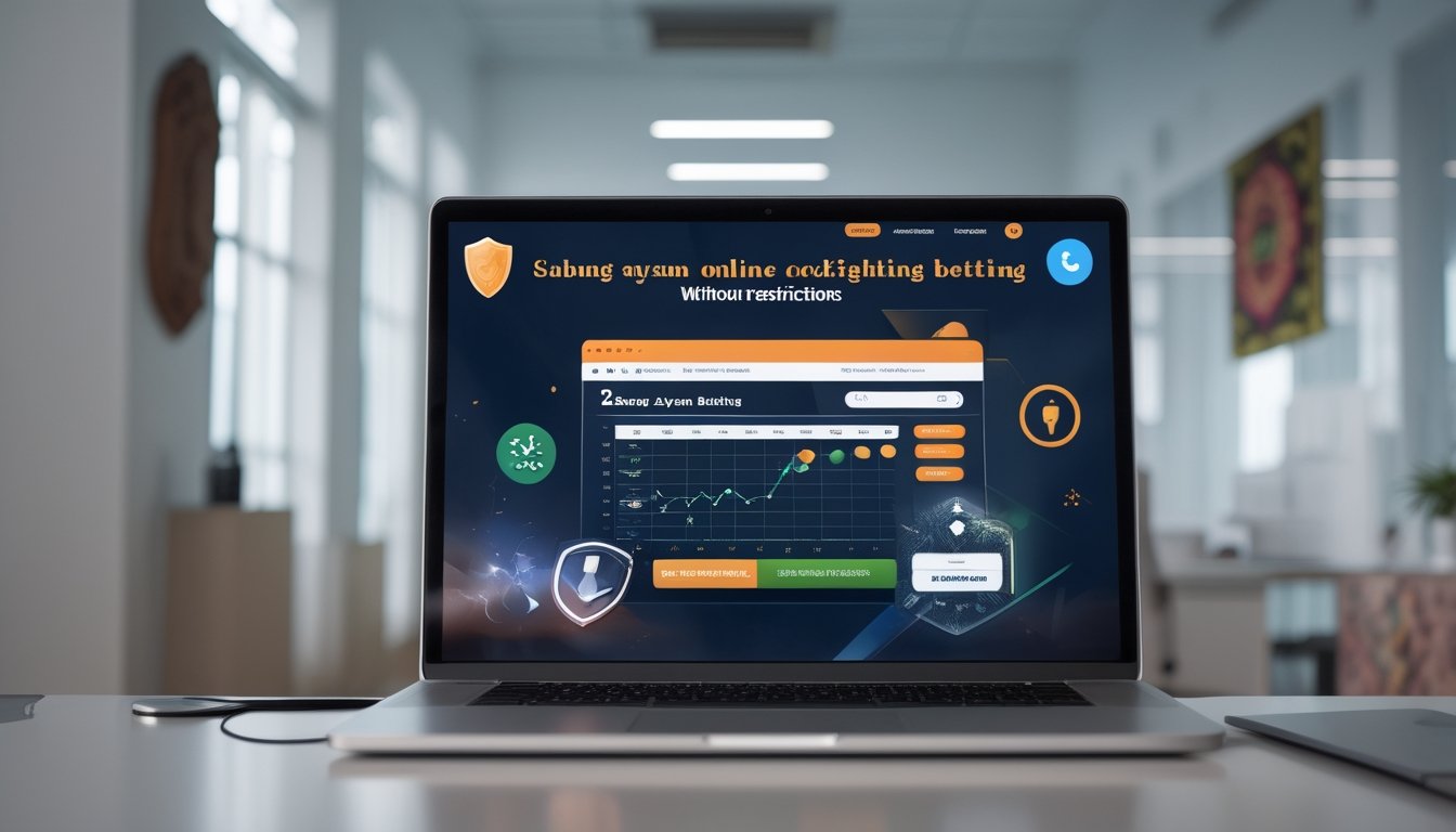 Seorang pria menggunakan laptop di meja kerja dengan tampilan situs taruhan sabung ayam online yang aman dan terpercaya.