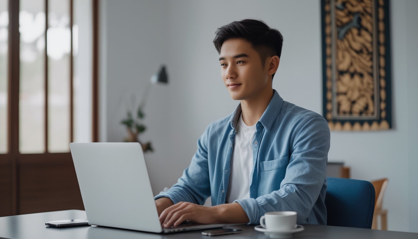 Seorang pria muda duduk di meja dengan laptop, terlihat fokus dan tenang di ruangan yang terang dengan hiasan budaya Indonesia di latar belakang.