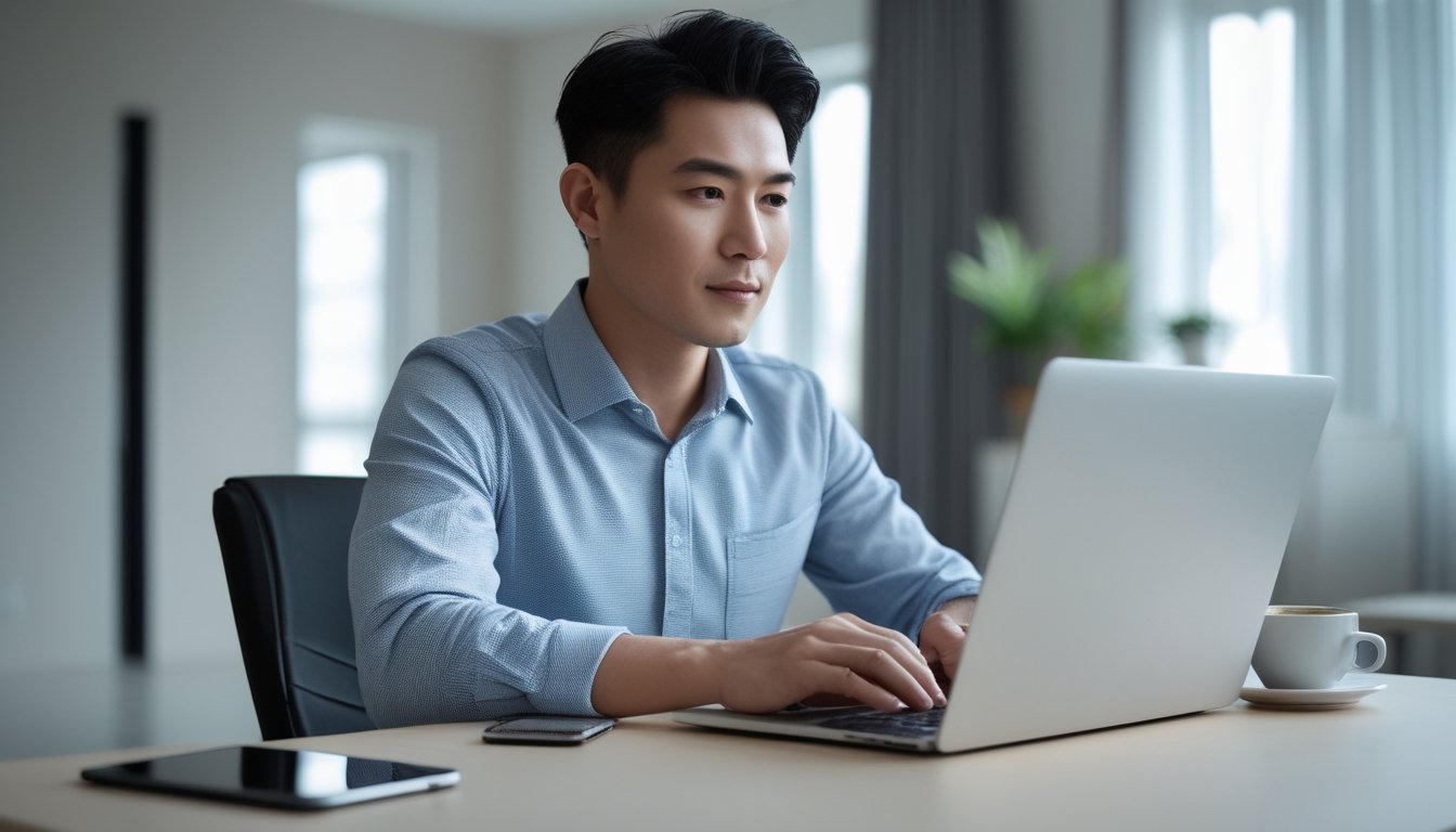 Seorang pria Asia Tenggara menggunakan laptop di ruang kerja rumah yang terang dan rapi, fokus pada layar komputer.