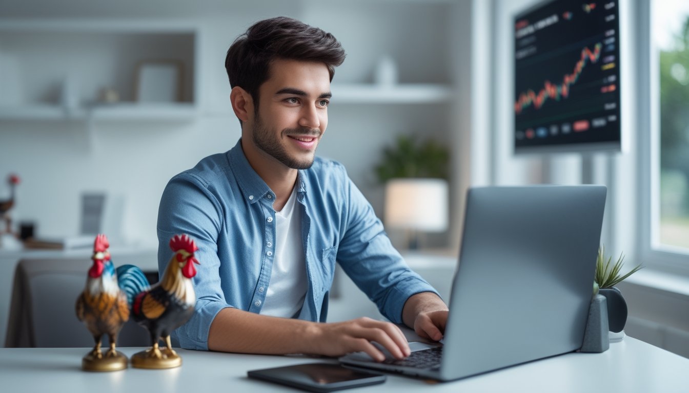 Seorang pria muda duduk di meja dengan laptop terbuka, terlihat fokus dan tersenyum, di sebuah ruang kerja rumah yang terang dan rapi.