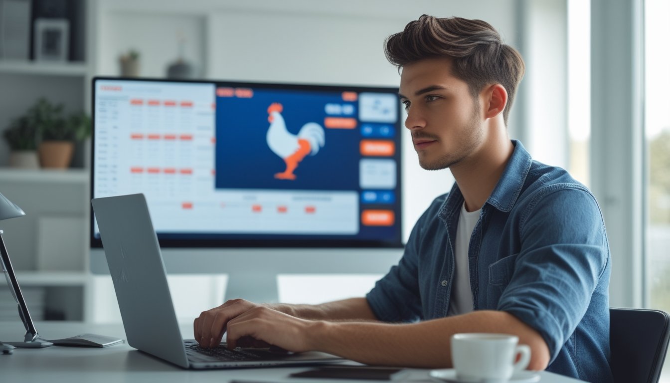 Seorang pria muda duduk di meja dengan laptop, fokus pada strategi taruhan sabung ayam online di ruang kerja rumah yang terang dan rapi.