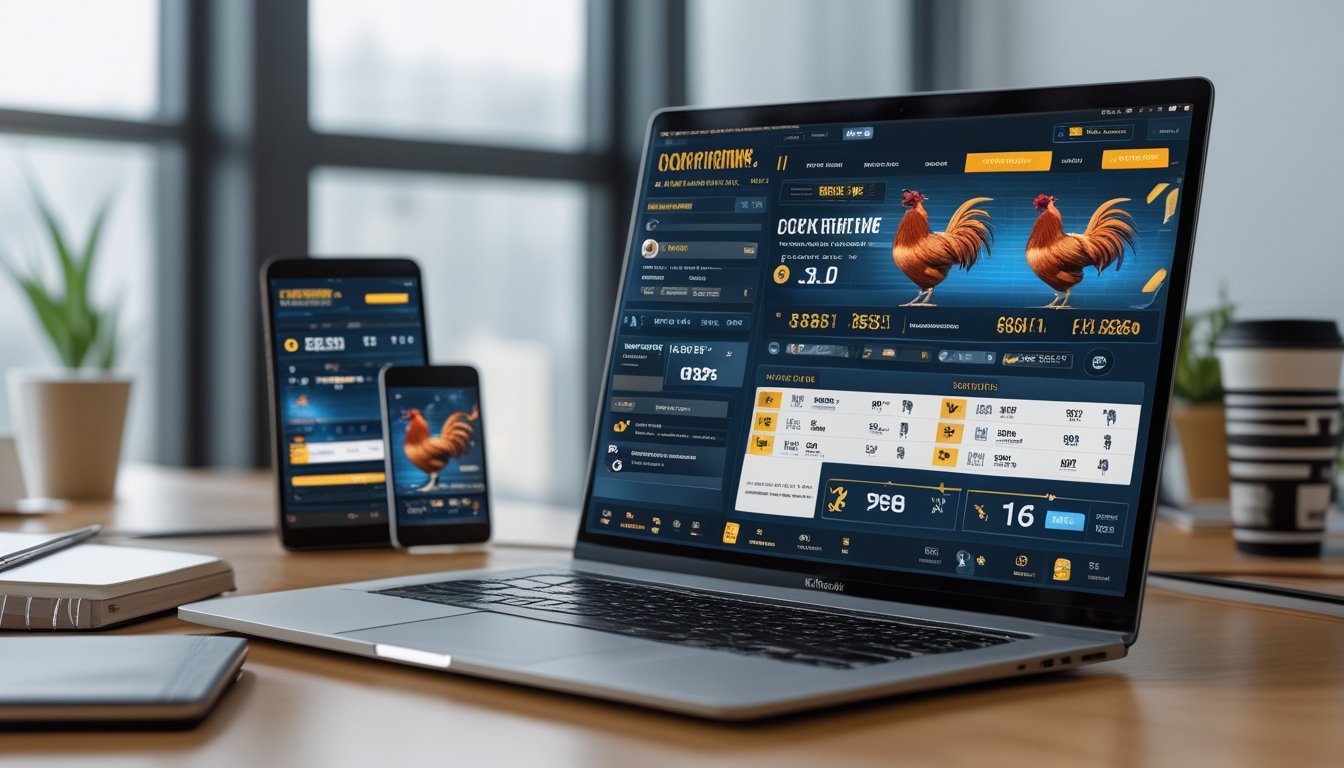Seorang profesional menggunakan laptop dan perangkat digital lain di meja kerja dengan tampilan antarmuka situs taruhan sabung ayam di layar.