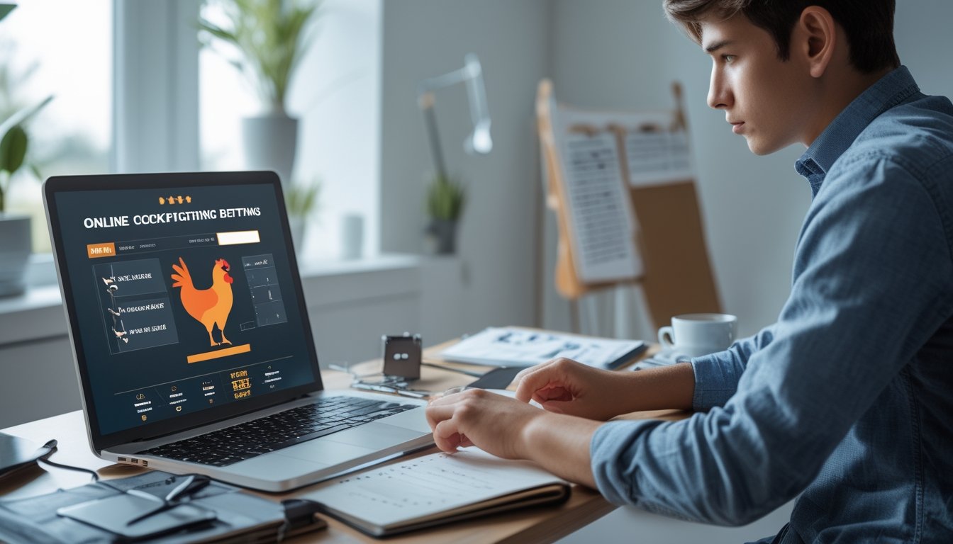 Seorang pria muda duduk di meja dengan laptop dan ponsel, fokus melihat layar komputer yang menampilkan antarmuka taruhan online, di ruangan yang terang dan rapi.