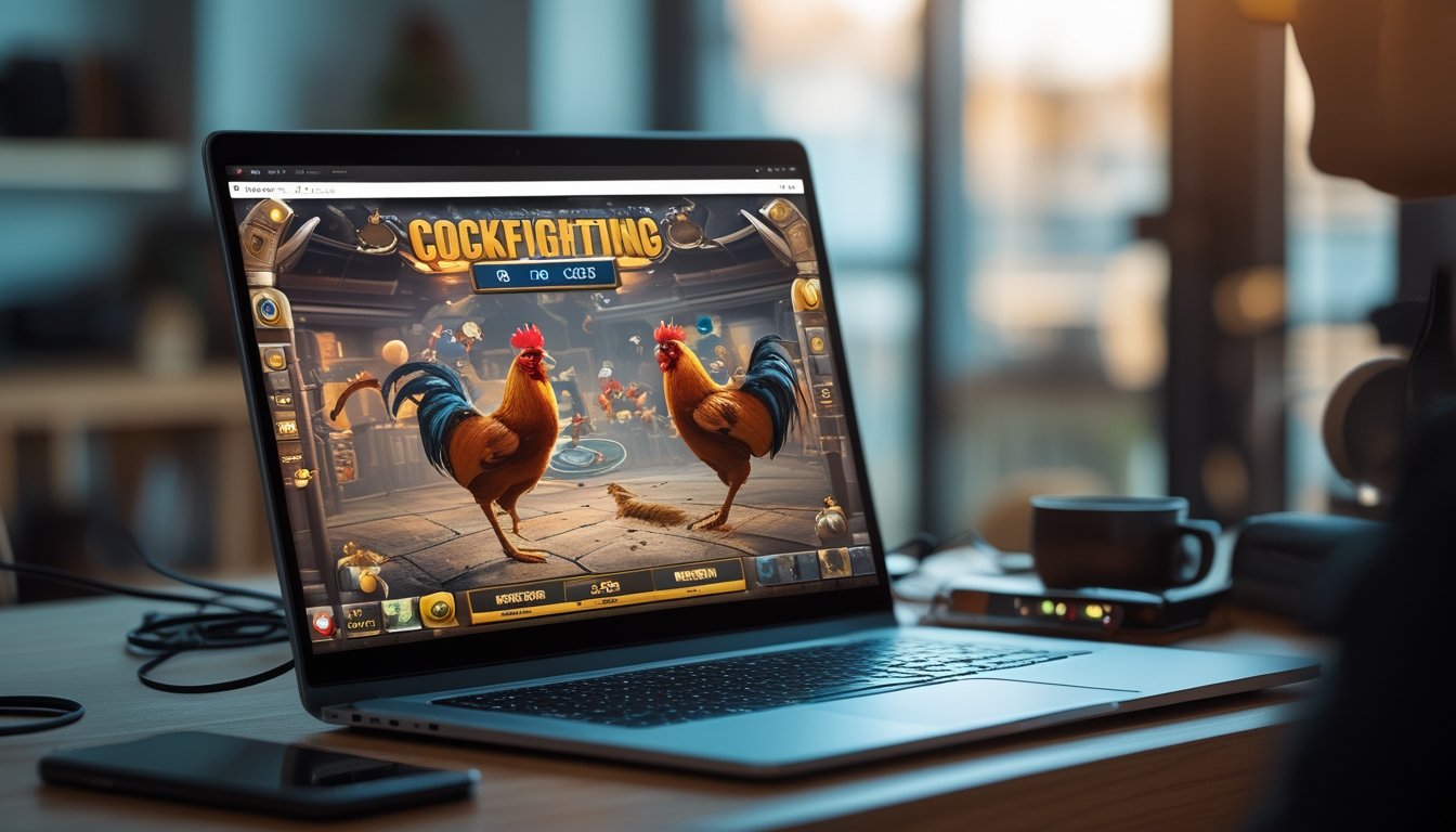 Seseorang menggunakan komputer di ruang kerja modern dengan layar menampilkan pertandingan sabung ayam online.