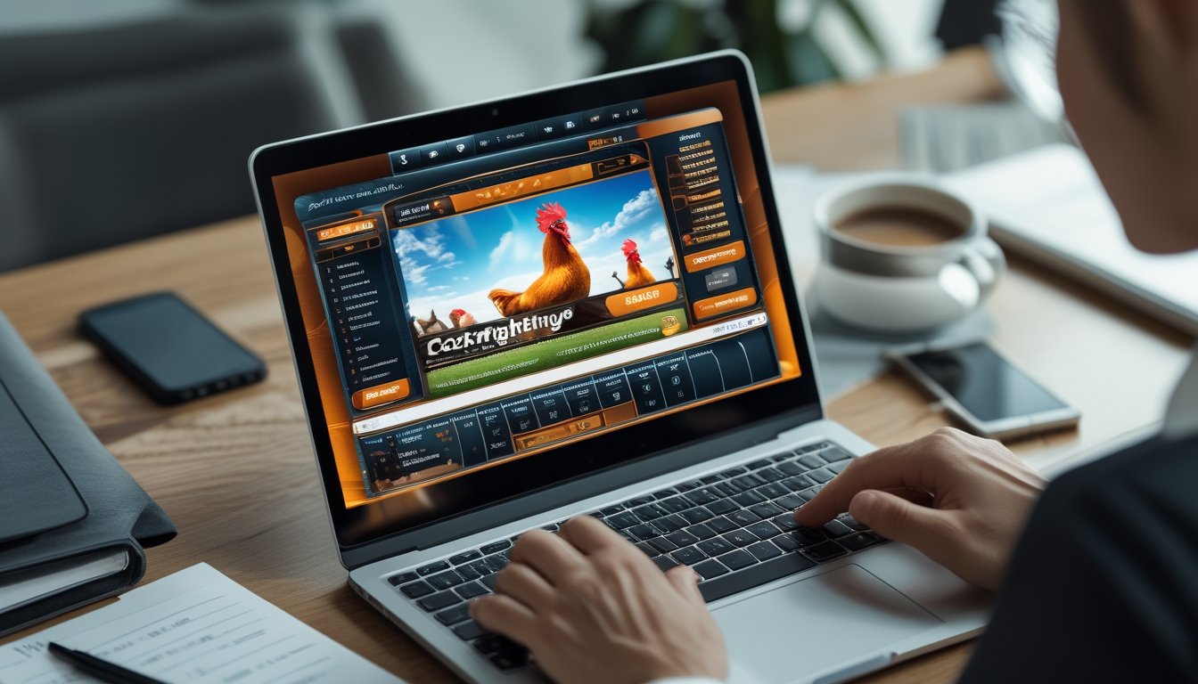 Seseorang menggunakan laptop dengan tampilan platform taruhan sabung ayam online di meja kerja yang rapi.