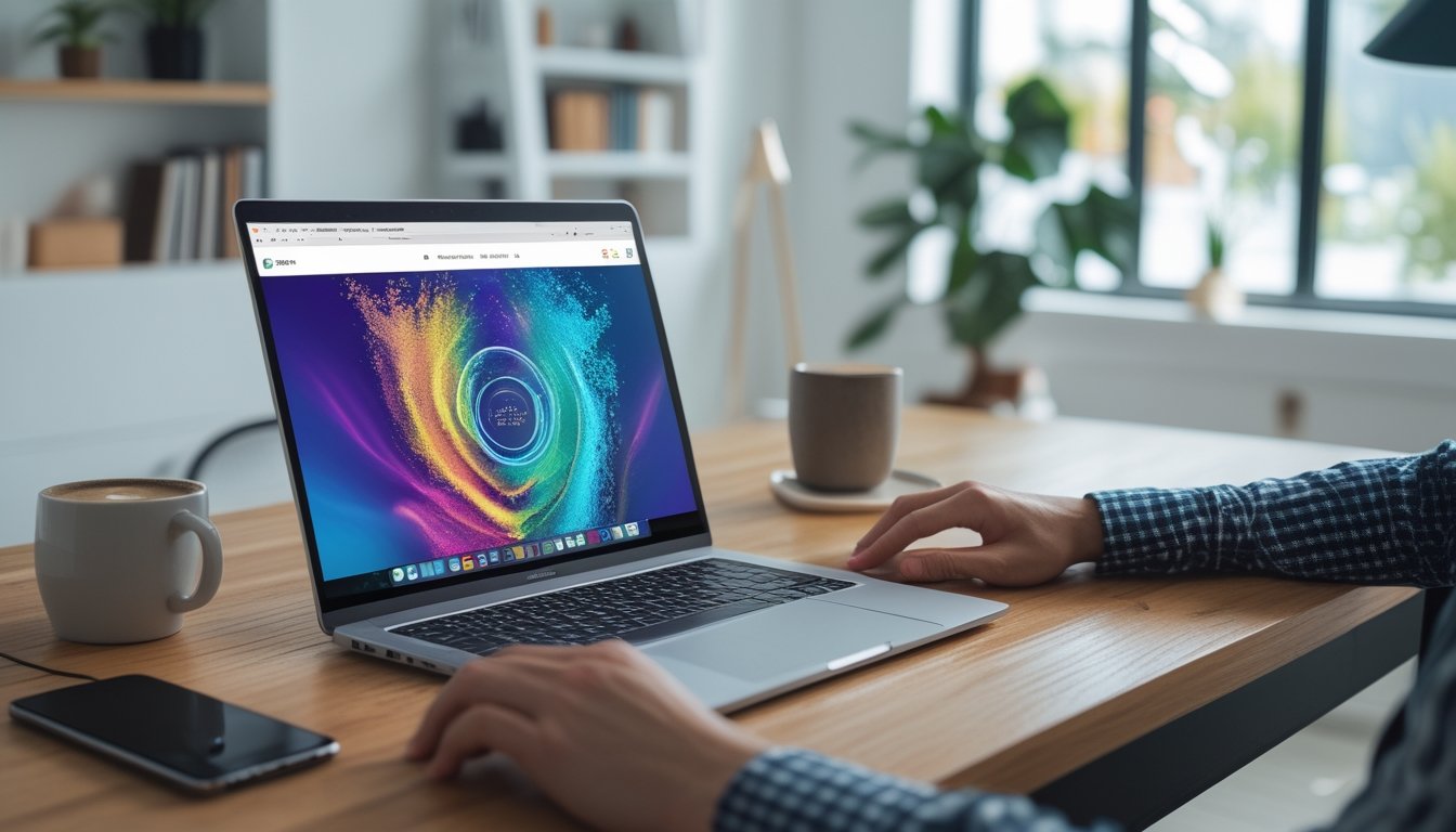 Seseorang menggunakan laptop di meja kerja dengan ponsel dan cangkir kopi di sampingnya di dalam ruangan yang terang dan rapi.