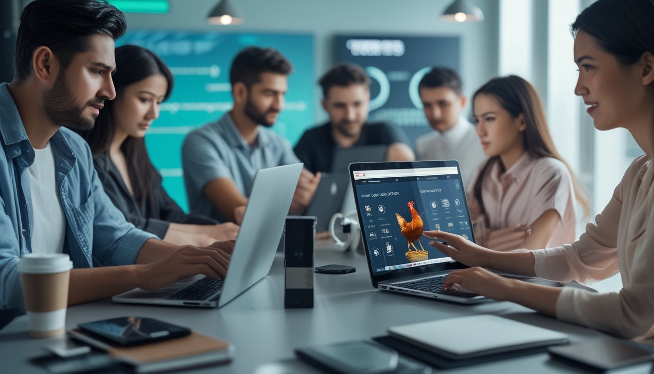 Orang-orang menggunakan laptop dan ponsel di ruang kerja modern, fokus pada aktivitas taruhan sabung ayam online yang terpercaya.