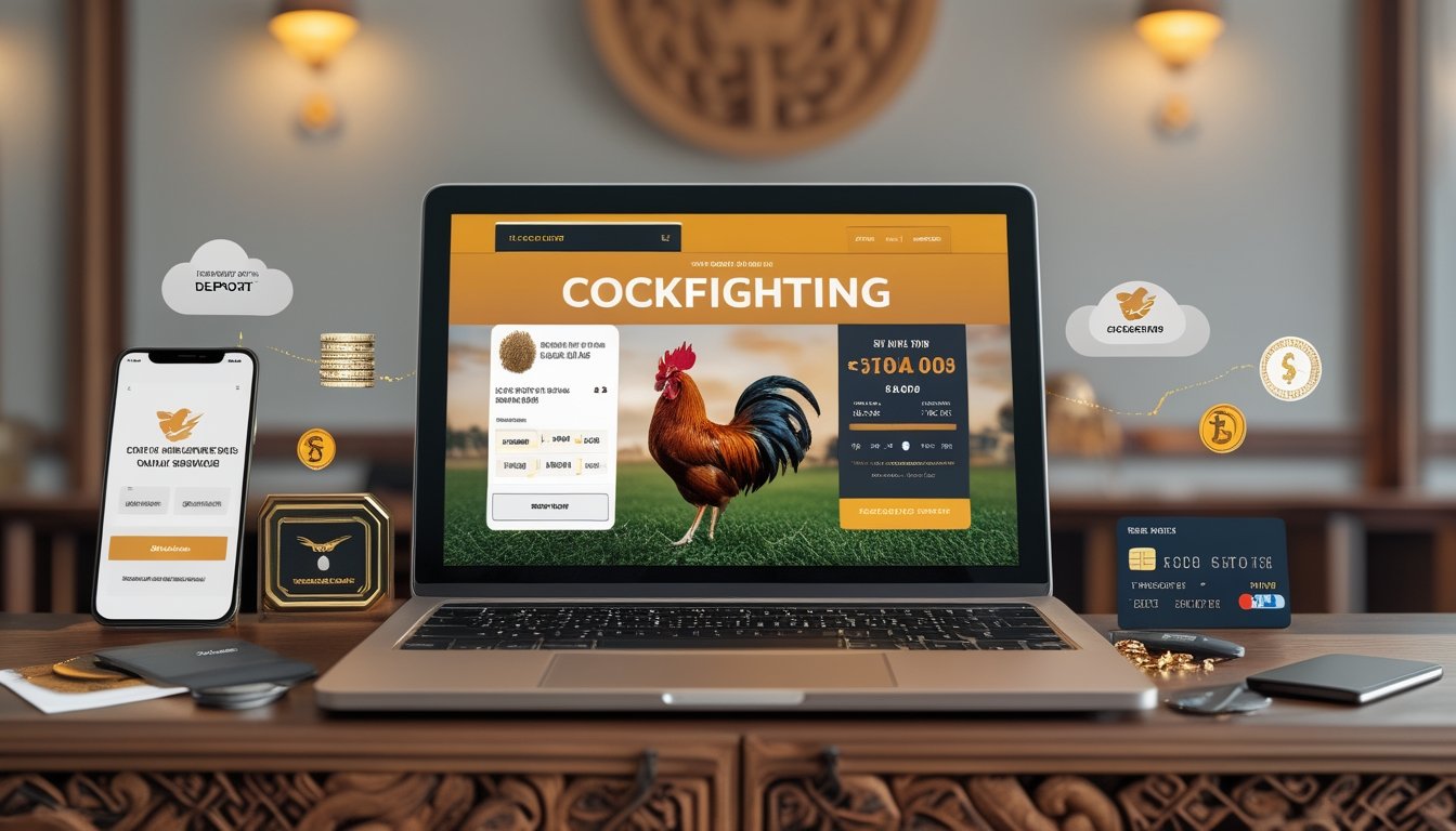 Seorang pria menggunakan laptop dengan tampilan situs taruhan sabung ayam, di meja terdapat ponsel dan kartu kredit, suasana ruang kerja yang rapi dan terang.