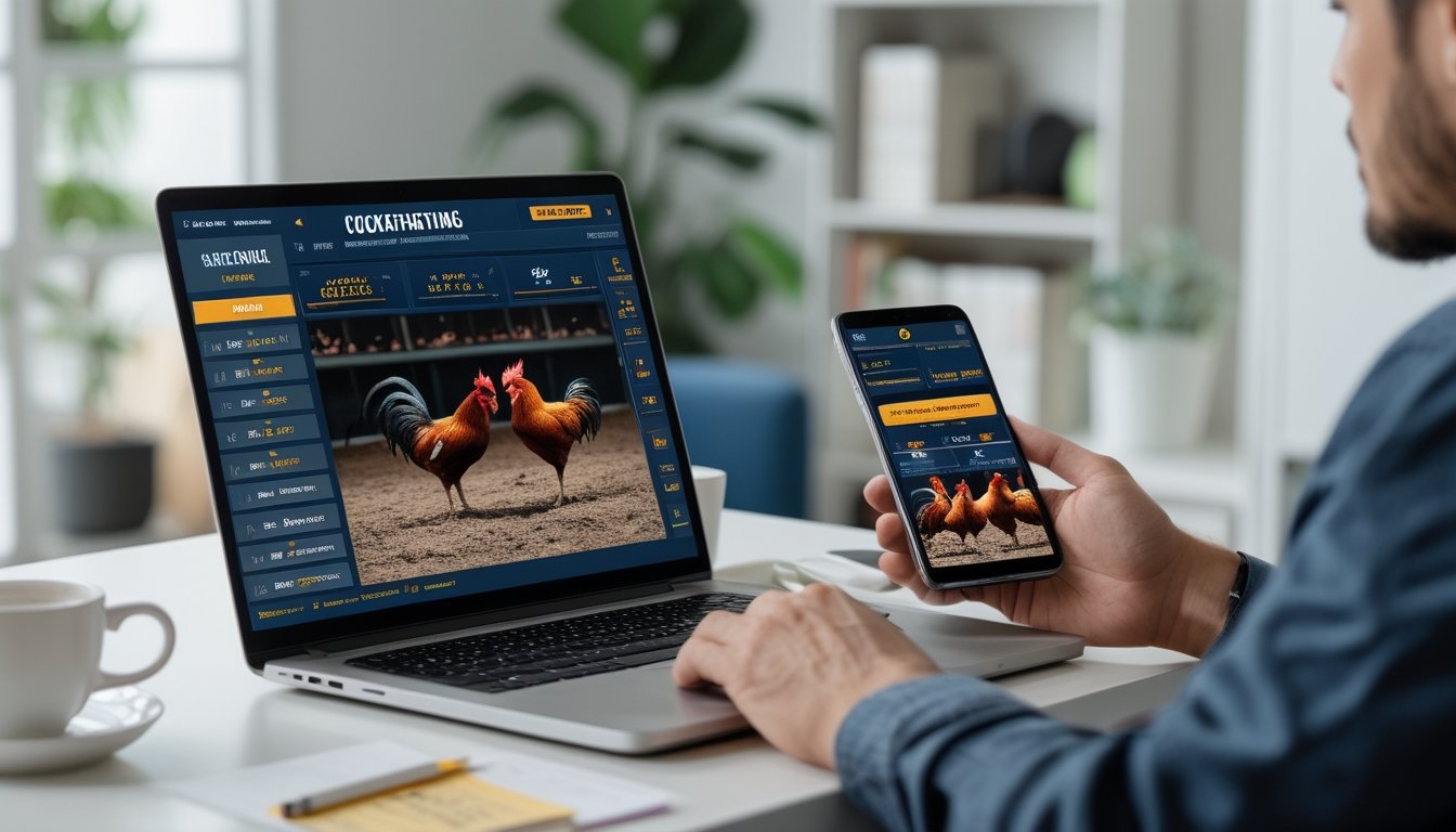 Seseorang menggunakan laptop dan ponsel di meja kerja dengan layar menampilkan pertandingan sabung ayam online.