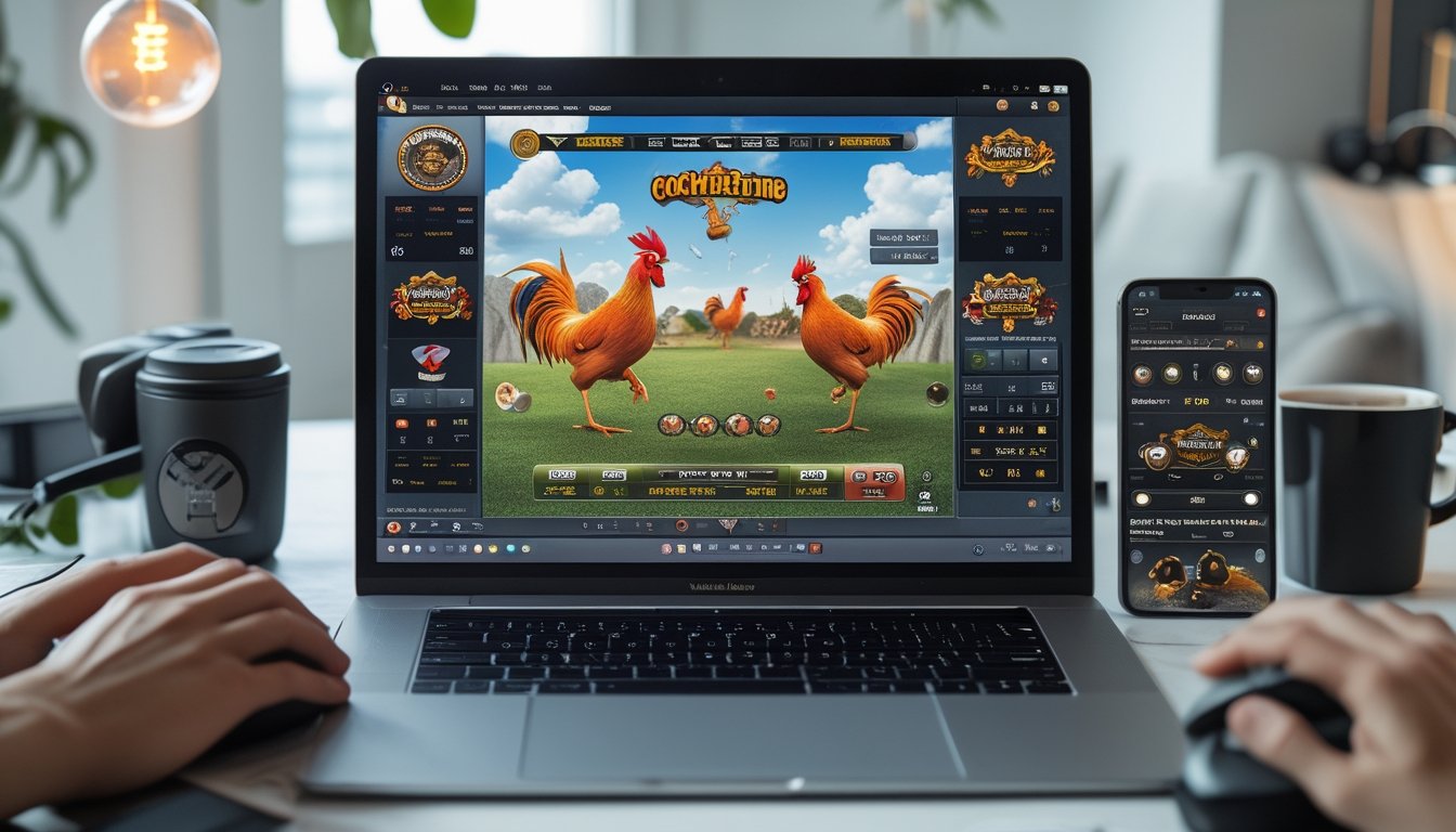 Seorang pemain menggunakan komputer dengan layar menampilkan permainan sabung ayam online, di meja terdapat ponsel dan cangkir kopi, latar belakang ruangan rumah yang rapi dan terang.