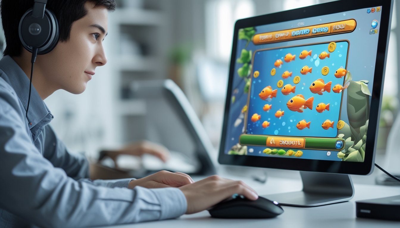 Seorang pemain yang fokus bermain game tembak ikan di komputer dengan tampilan ikan dan koin di layar.