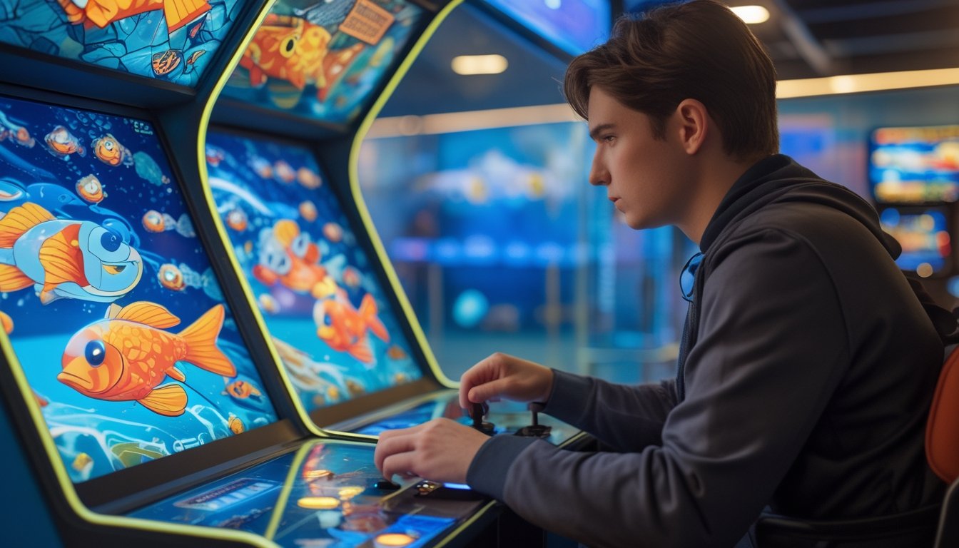 Seorang pemain sedang fokus bermain game tembak ikan di depan mesin arcade yang berwarna-warni dengan ikan animasi di layar.