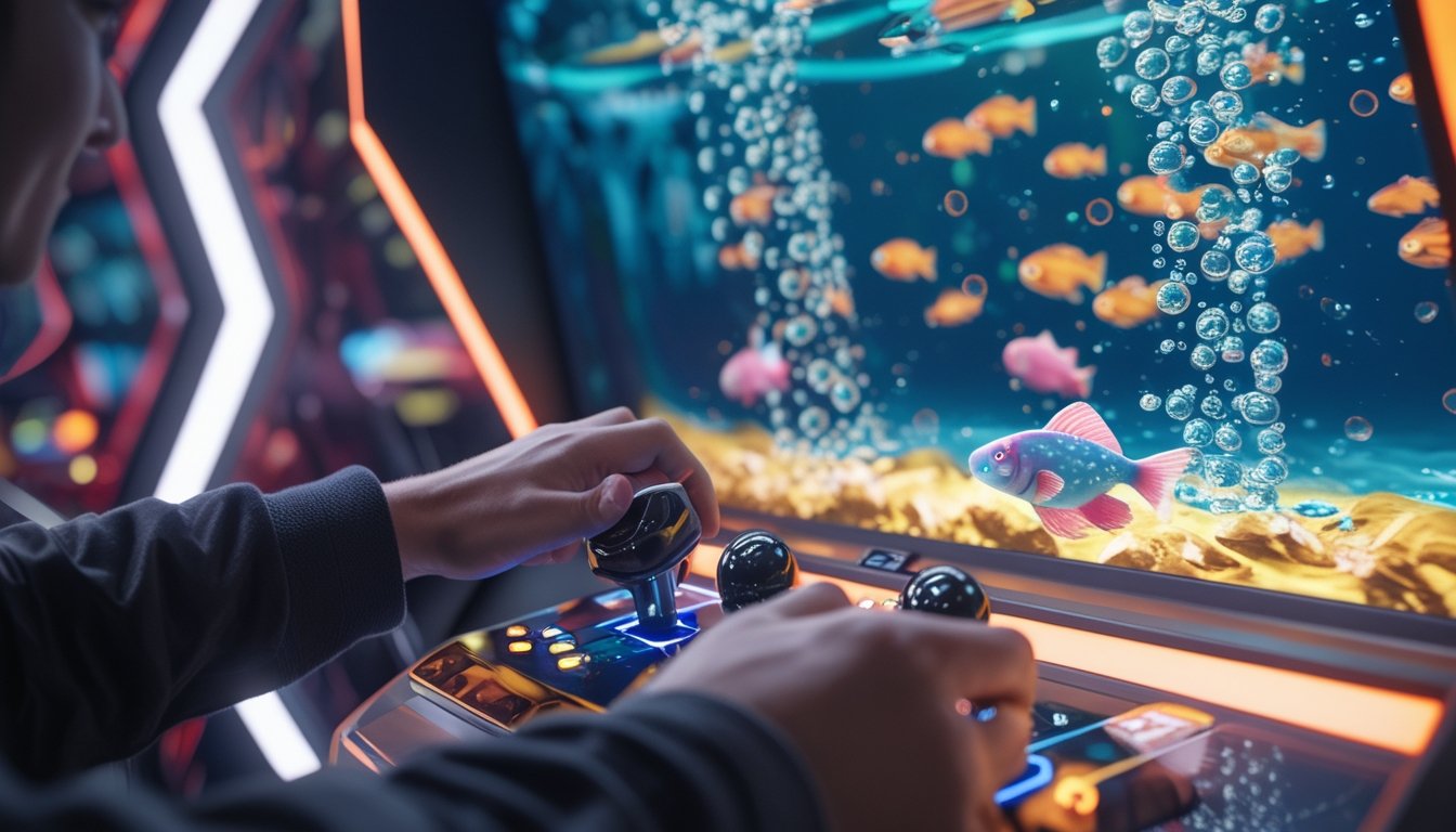 Seorang pemain sedang memegang kontroler arcade dan menembak ikan berwarna-warni di layar permainan.