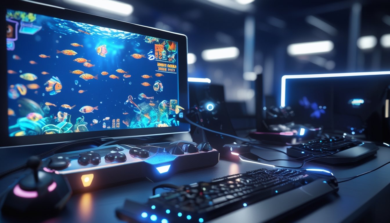 Sebuah setup permainan dengan layar besar menampilkan game tembak ikan arcade dan perlengkapan gaming di sekitarnya.