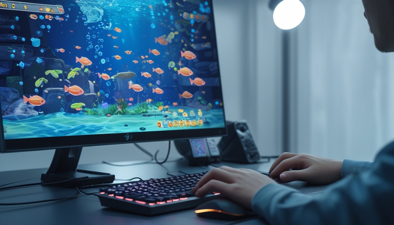 Seorang pemain sedang fokus bermain game tembak ikan online di depan komputer dengan latar belakang setup gaming yang rapi.