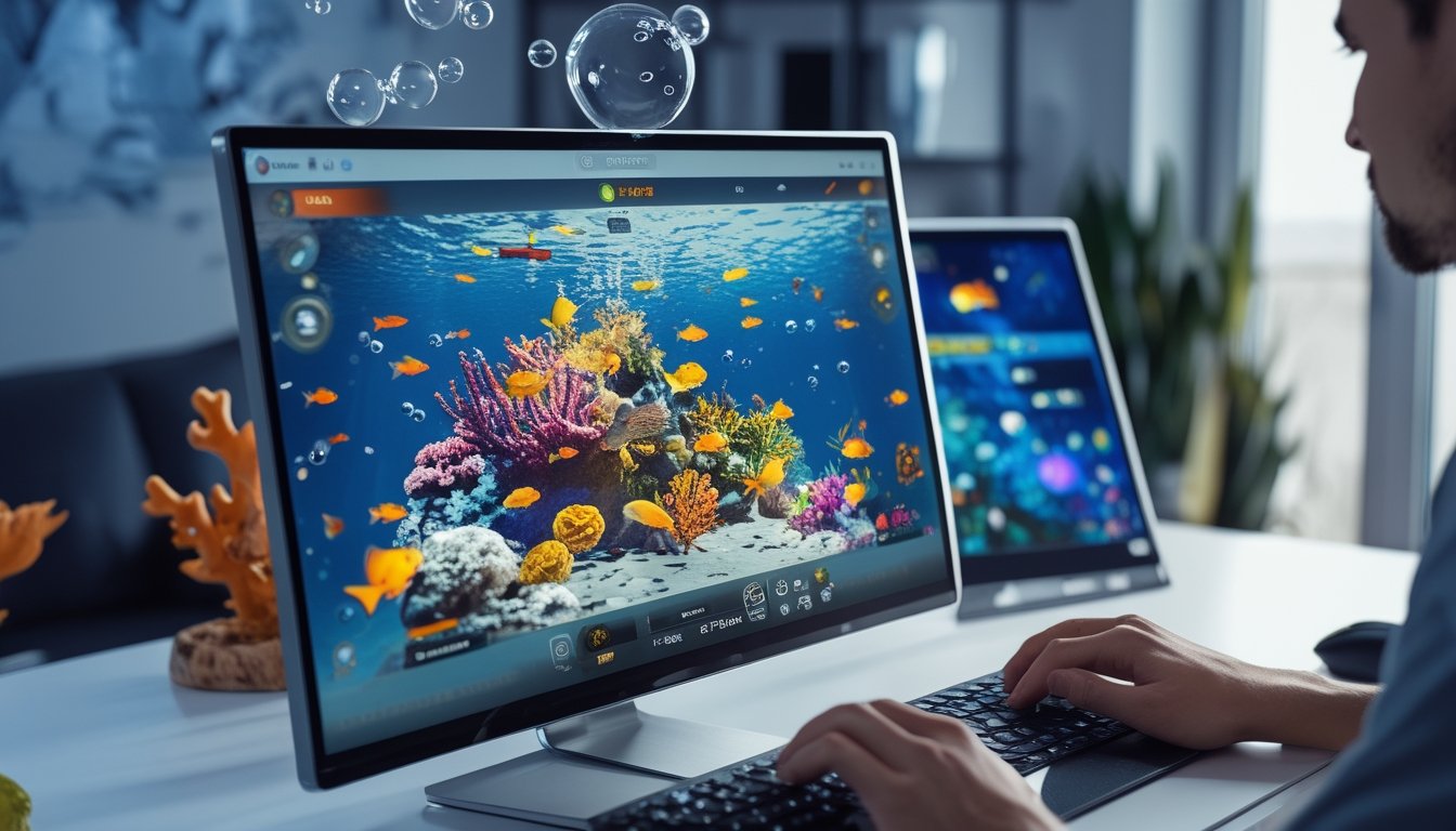 Seorang pemain sedang bermain permainan tembak ikan online di depan komputer dengan latar bawah laut penuh ikan dan terumbu karang.