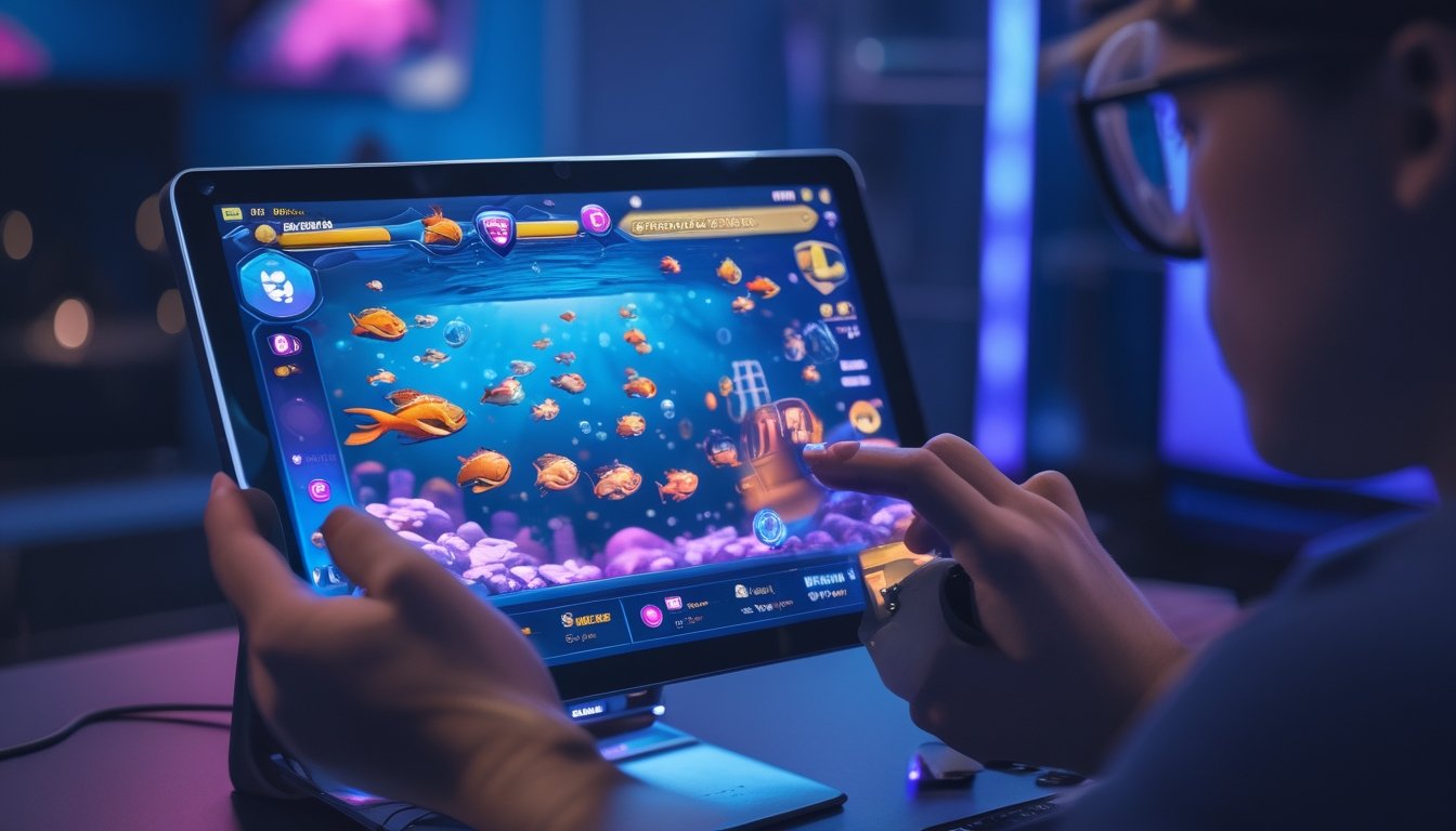 Seseorang sedang fokus bermain game menembak ikan di perangkat digital dengan latar ruangan gaming modern.