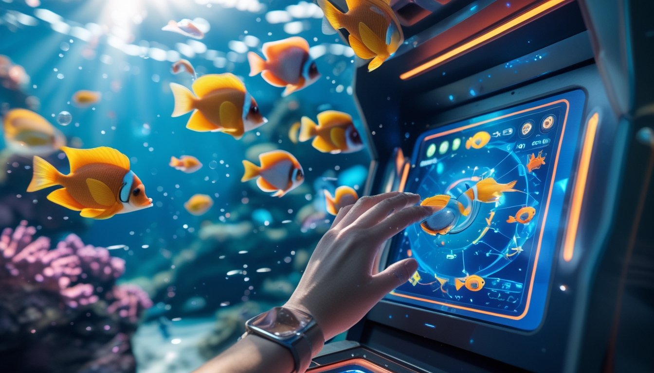 Adegan permainan tembak ikan dengan ikan warna-warni di layar sentuh dan latar bawah laut yang cerah.