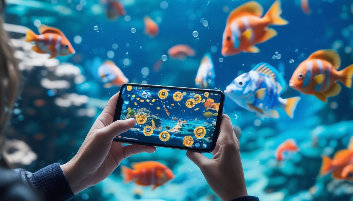 Seseorang memegang perangkat gaming dengan layar menampilkan permainan menembak ikan di latar bawah laut yang penuh ikan warna-warni dan terumbu karang.
