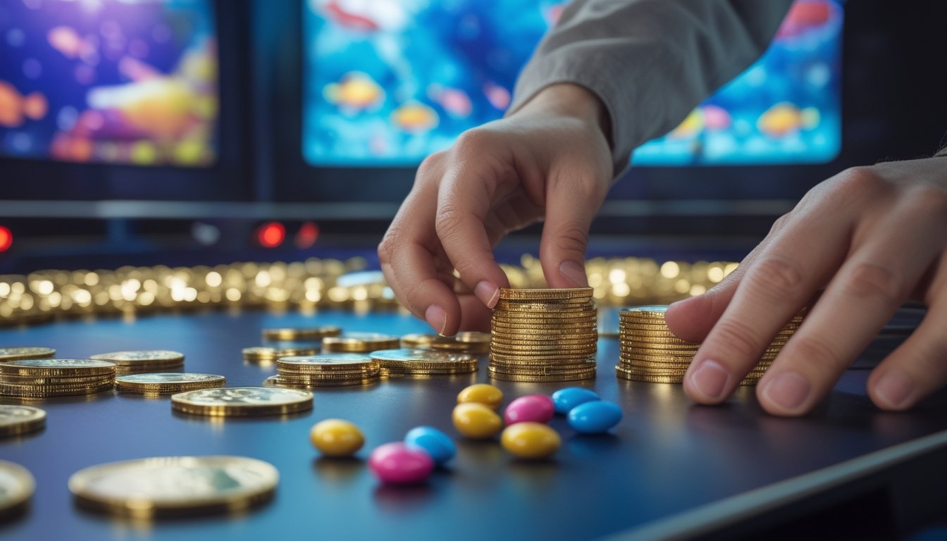Tangan seseorang sedang mengatur koin emas dan peluru berwarna-warni di meja permainan dengan latar belakang suasana arcade dan layar game ikan.