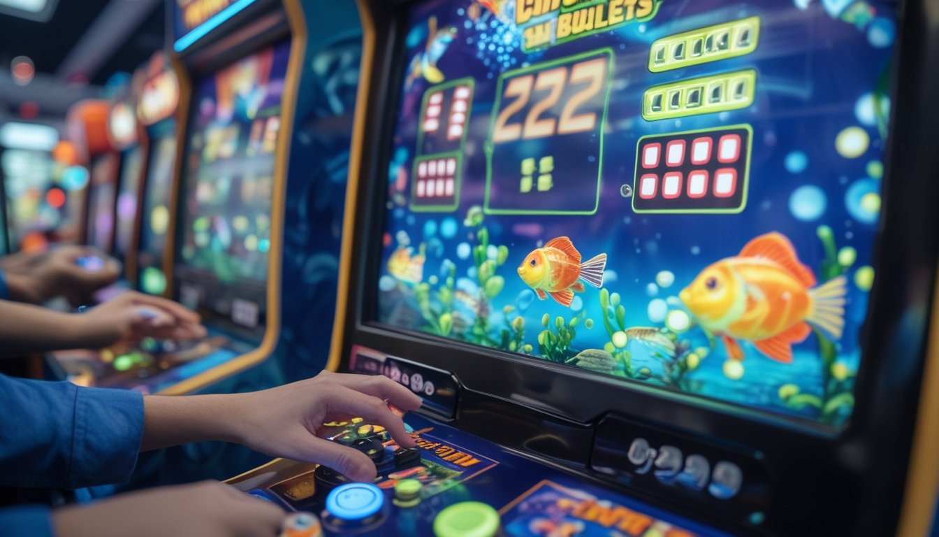 Tangan seseorang mengoperasikan mesin game tembak ikan dengan layar yang menampilkan ikan berwarna-warni dan indikator koin serta peluru.