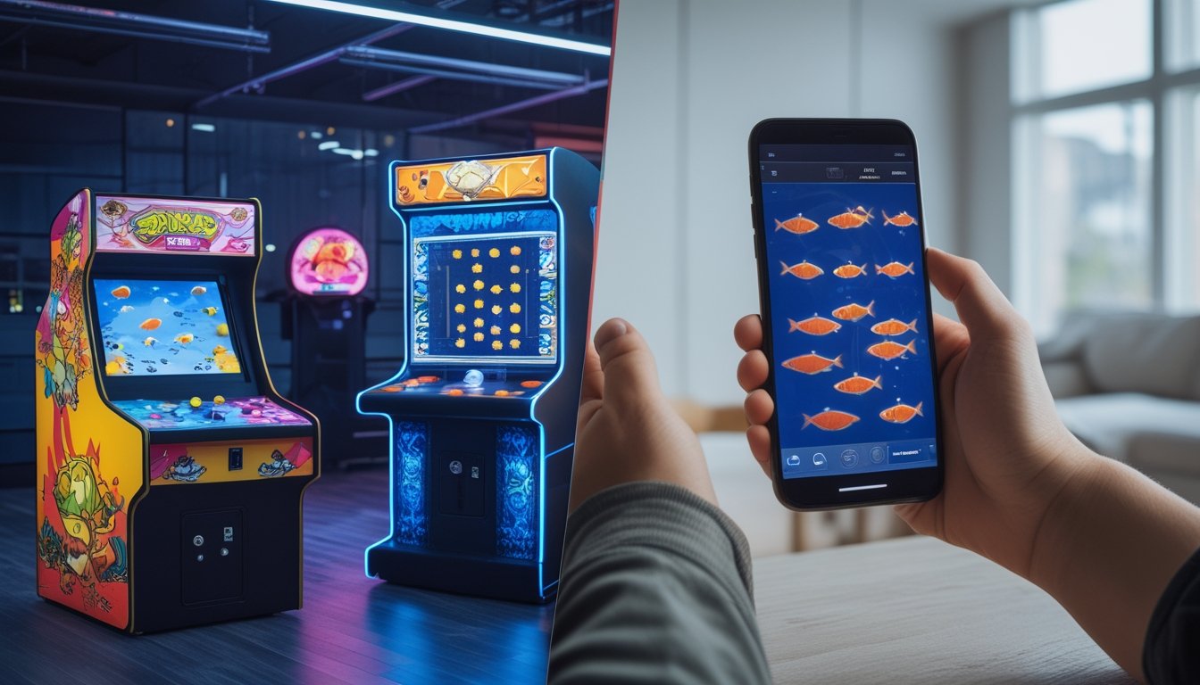 Gambaran perbedaan antara permainan tembak ikan arcade dengan mesin arcade di satu sisi dan permainan tembak ikan online di perangkat digital di sisi lain.