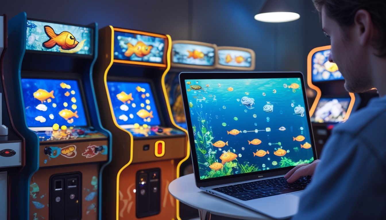 Seorang pemain sedang bermain game tembak ikan di mesin arcade dan di perangkat digital di ruangan yang terang dan penuh warna.