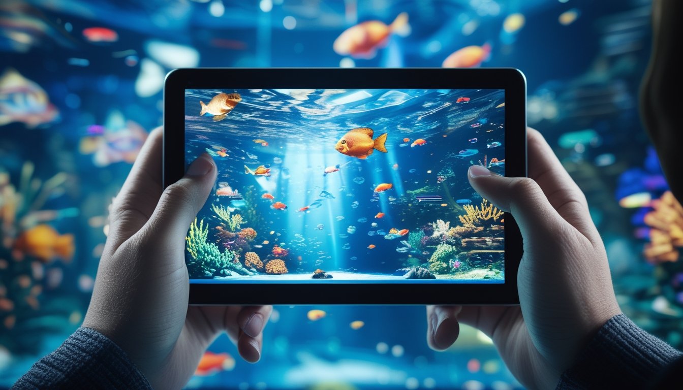 Tangan seseorang sedang memainkan permainan tembak ikan dengan layar menampilkan ikan-ikan berwarna-warni di bawah laut.