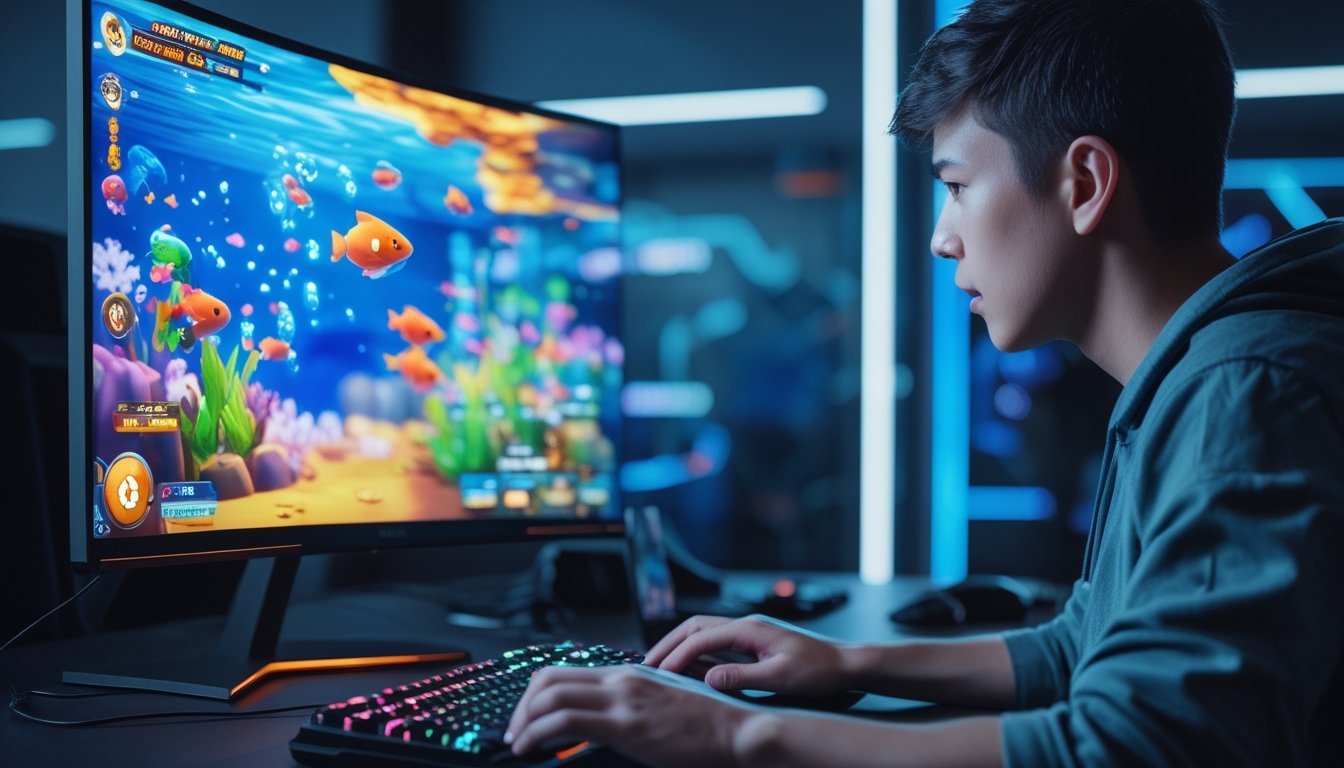 Seorang pria muda sedang fokus bermain game tembak ikan di komputer dengan latar belakang ruangan gaming yang terang.
