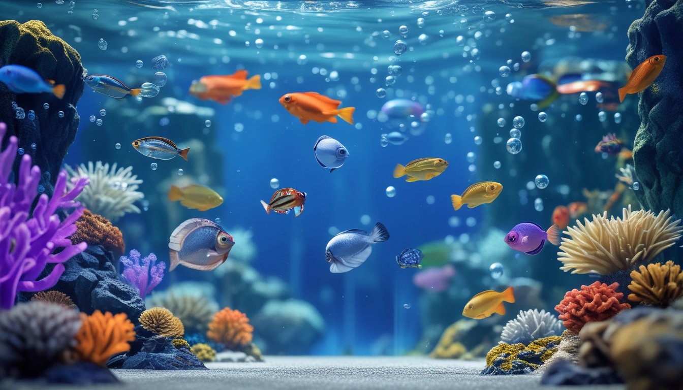 Pemandangan bawah laut dengan berbagai ikan warna-warni dan karang, menampilkan suasana permainan tembak ikan yang menarik.