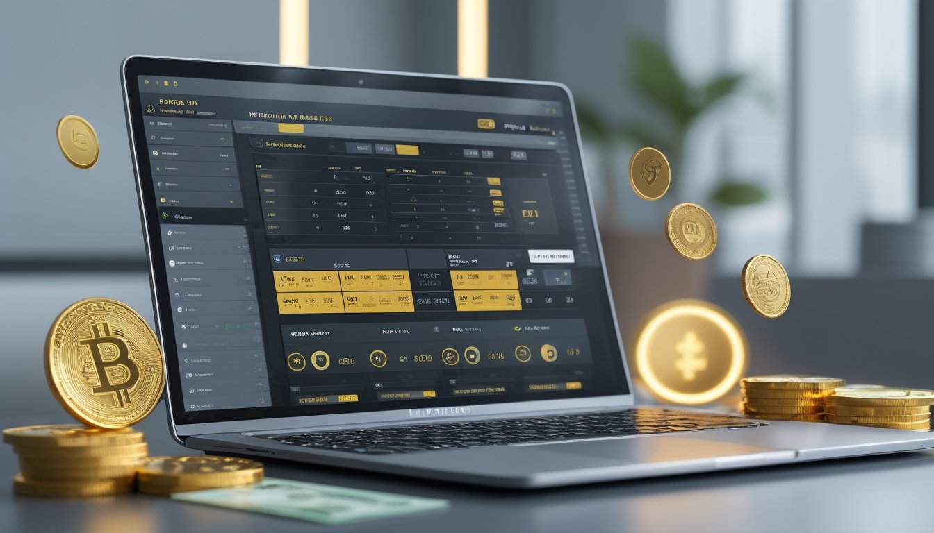 Seorang pengguna duduk di depan komputer dengan layar menampilkan antarmuka taruhan pacuan kuda online, dikelilingi oleh koin emas dan simbol bonus digital.