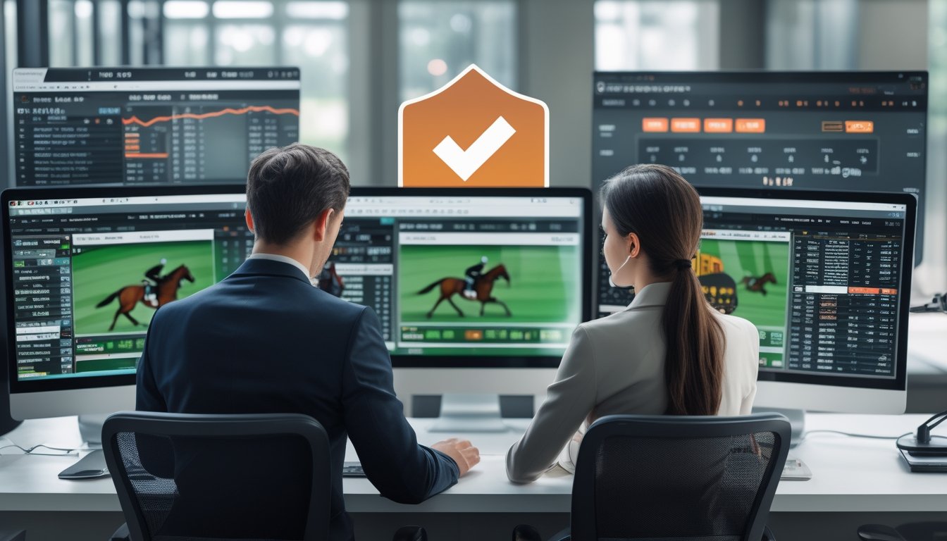 Dua orang profesional sedang menggunakan komputer dengan data balap kuda dan taruhan online di layar dalam sebuah kantor modern.