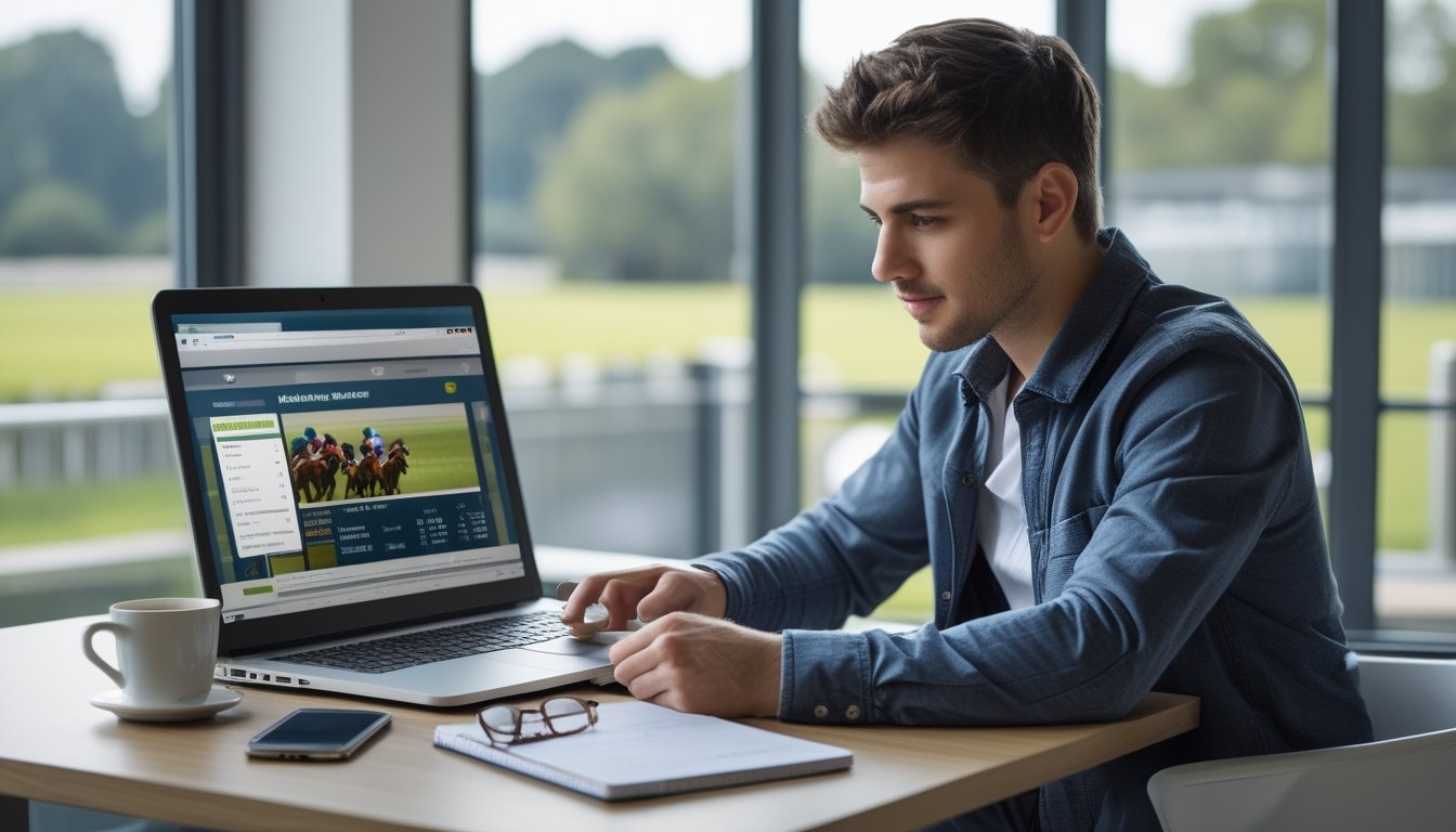 Seorang pria muda duduk di meja dengan laptop, mencatat sambil melihat layar yang menampilkan situs judi kuda online, di ruangan terang dengan jendela besar di belakangnya.