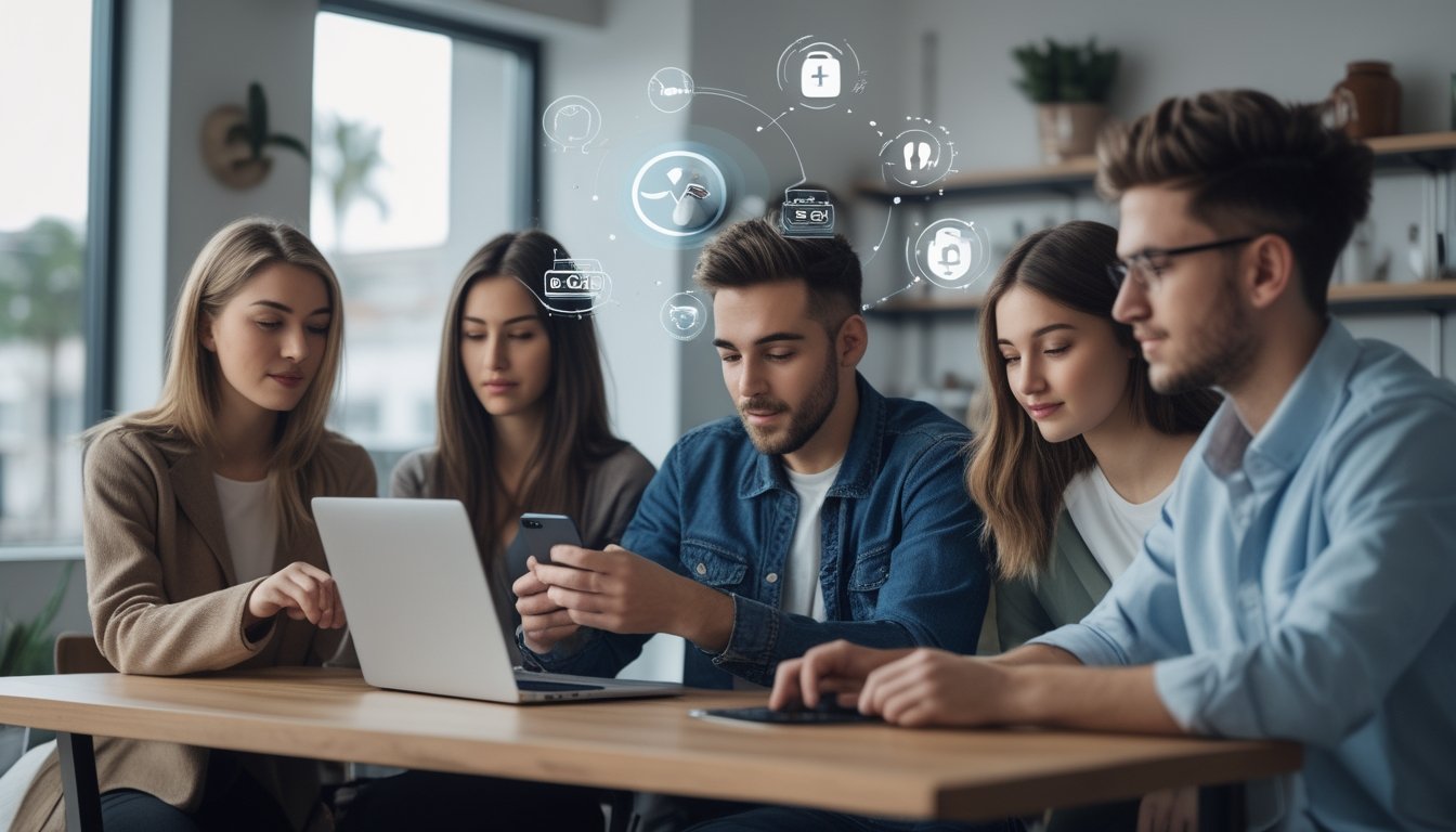 Beberapa orang muda menggunakan laptop dan ponsel untuk melakukan transaksi pembayaran digital di ruang kerja yang terang dan modern.