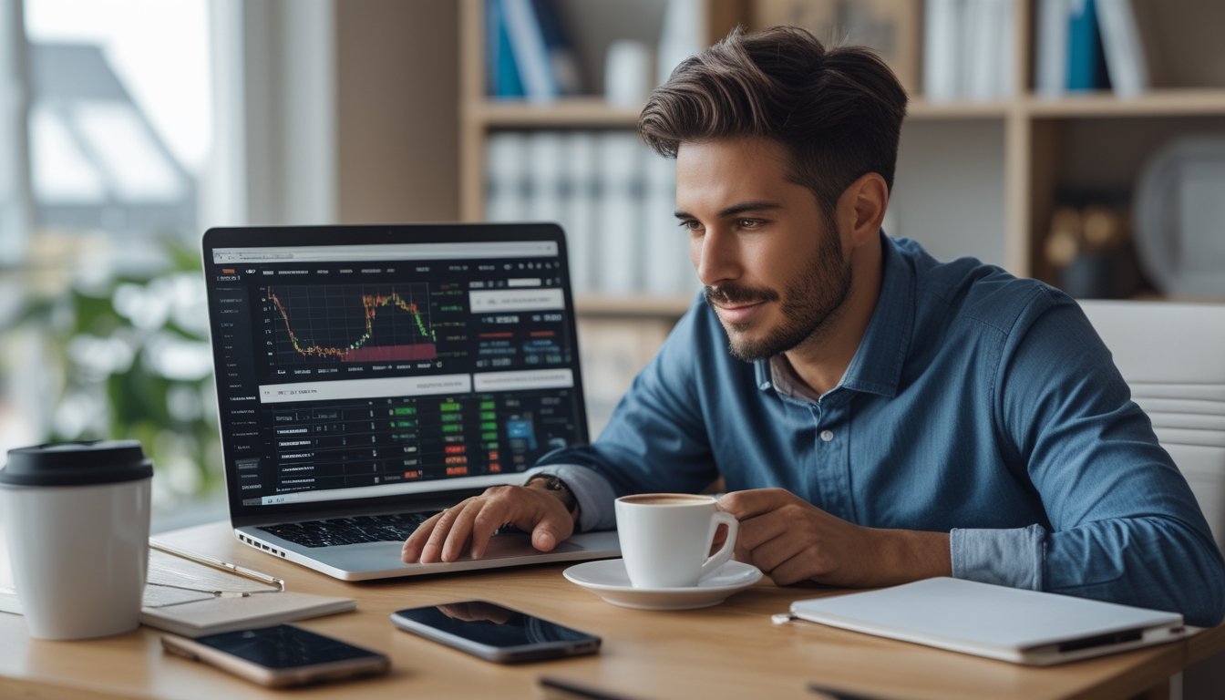 Seorang pria sedang menggunakan laptop di ruang kerja rumah yang modern dan terang, fokus melihat layar komputer dengan beberapa jendela browser dan grafik, di meja terdapat ponsel, kopi, dan buku catatan.