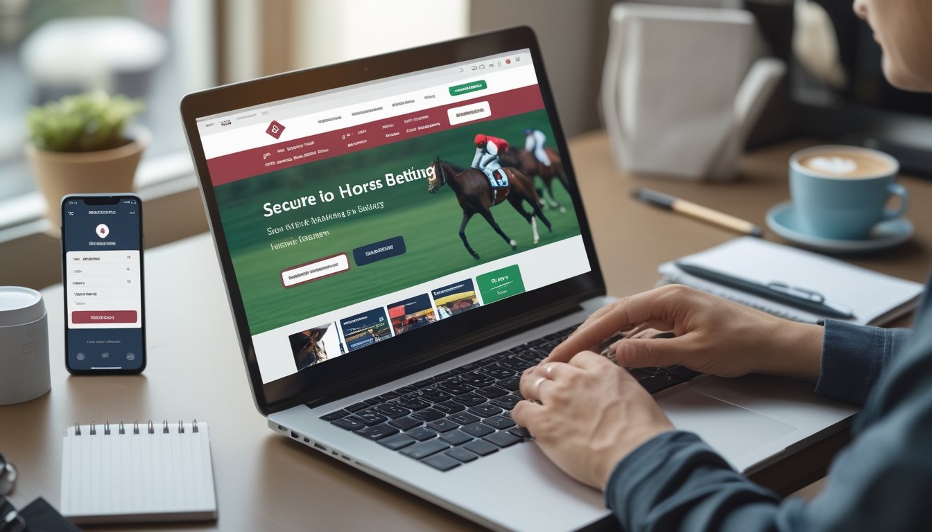 Seseorang menggunakan laptop dengan tampilan situs taruhan kuda online yang aman di meja kerja yang rapi.