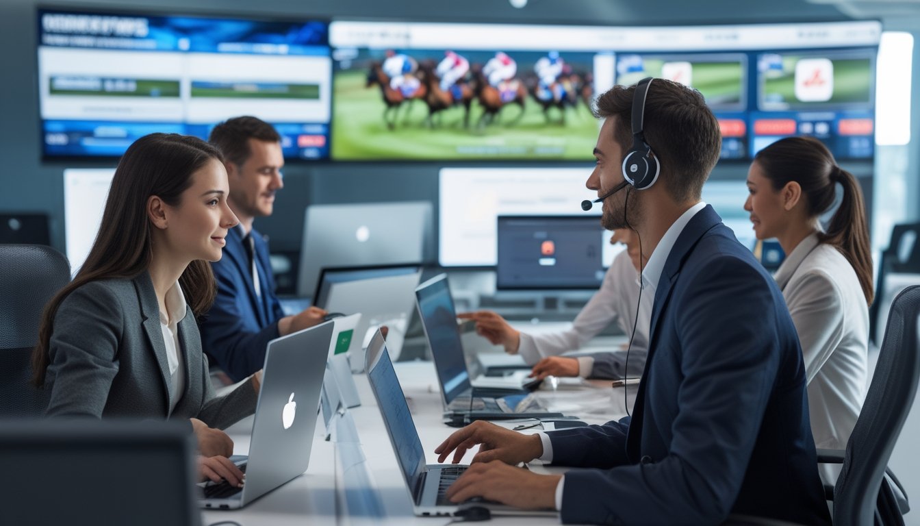 Beberapa orang menggunakan laptop dan ponsel untuk memasang taruhan pacuan kuda online, dengan seorang petugas layanan pelanggan yang membantu di kantor modern.