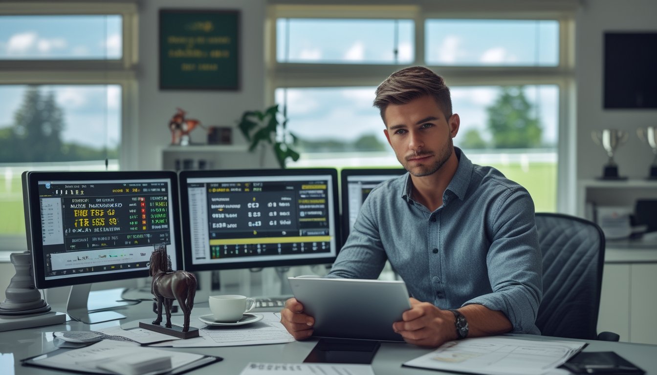 Seorang pria muda duduk di meja dengan beberapa layar komputer menampilkan data balap kuda, sedang fokus menganalisis informasi di kantor rumah yang terang.