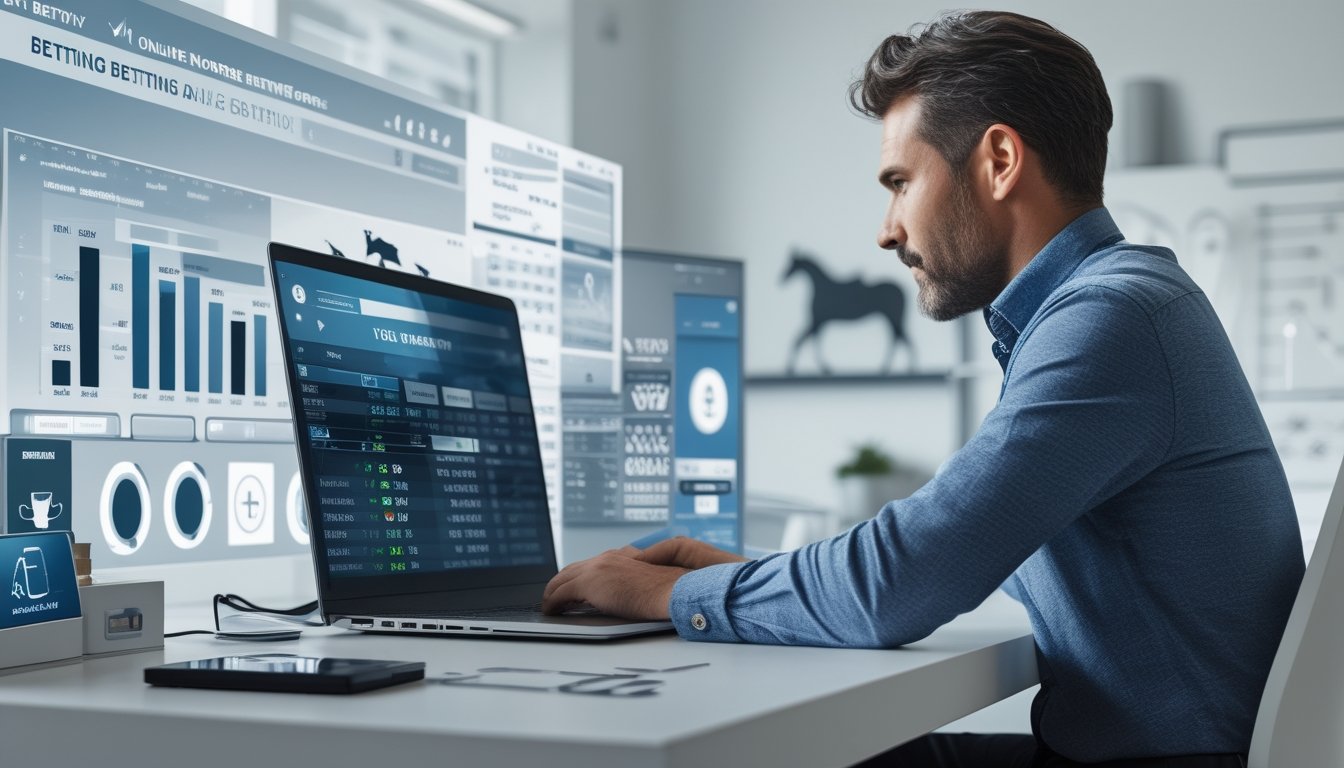 Seorang pria dewasa sedang duduk di depan laptop dengan tampilan taruhan kuda online di layar, di ruang kantor yang terang dan rapi.