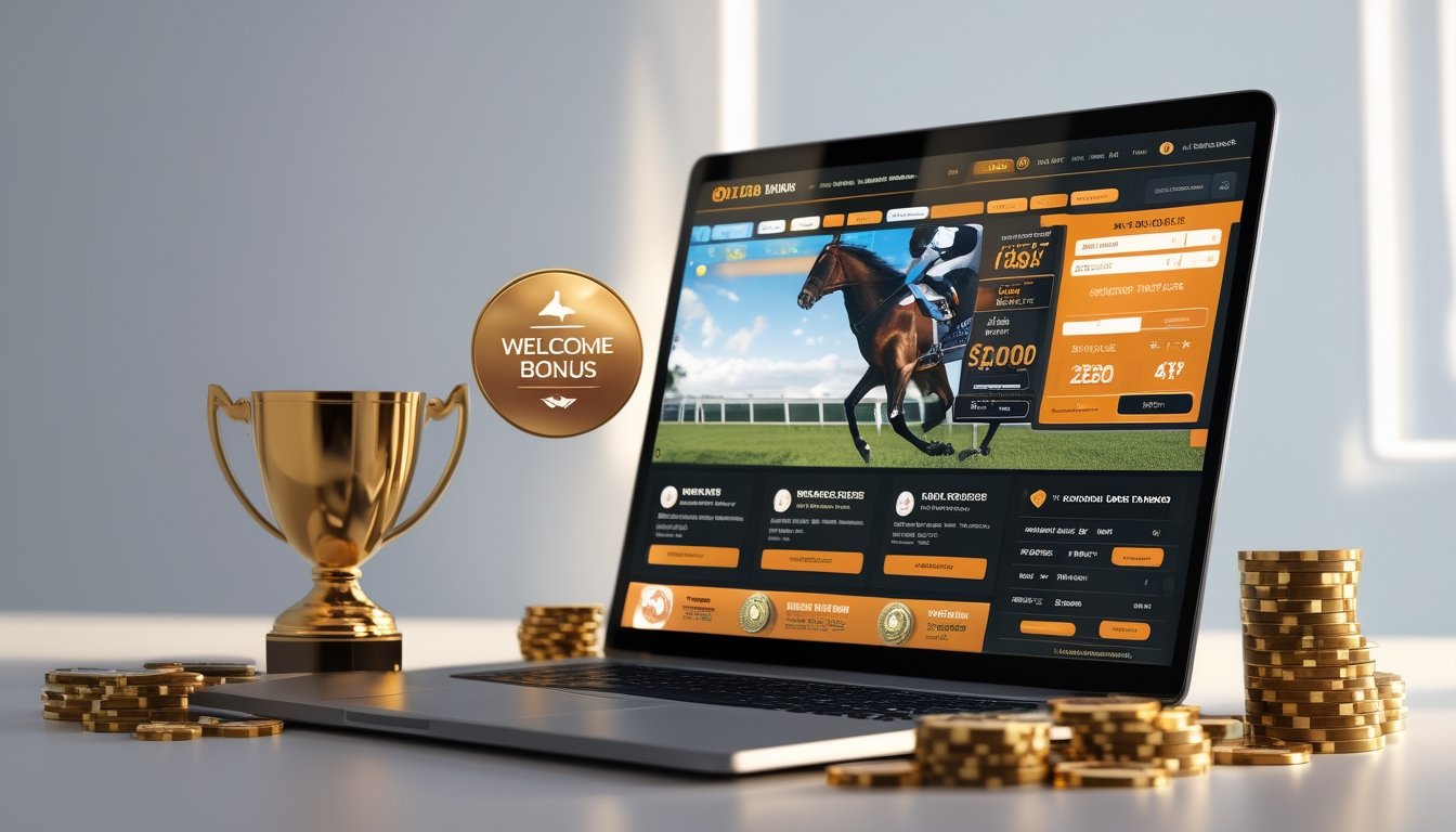 Seseorang menggunakan komputer dengan tampilan situs judi kuda online yang menampilkan elemen taruhan dan bonus di sekitarnya.