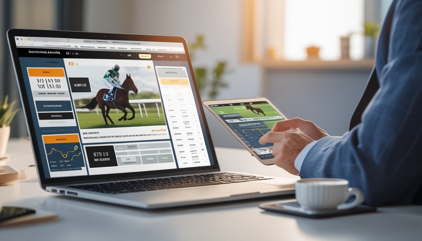 Seseorang sedang menggunakan laptop dan tablet untuk membandingkan situs judi kuda online dengan bonus anggota baru di meja kerja yang terang dan rapi.