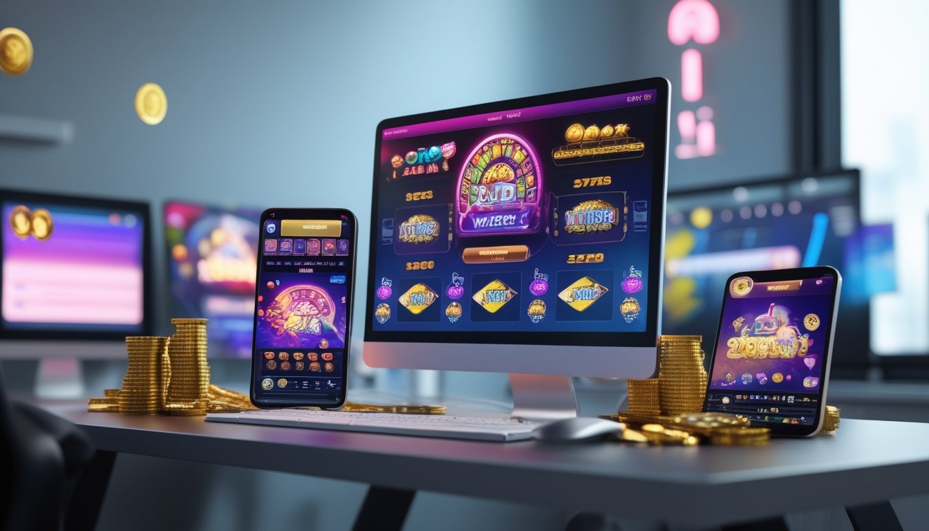 Sebuah meja kerja modern dengan komputer menampilkan permainan slot online dan ikon kemenangan.