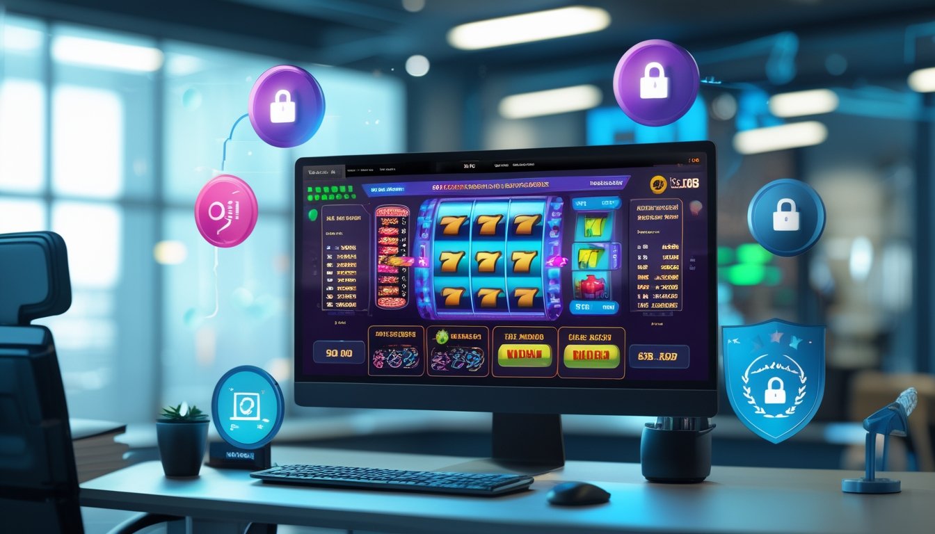 Meja kerja modern dengan komputer menampilkan grafik mesin slot dan simbol keamanan yang menunjukkan platform slot online terpercaya.