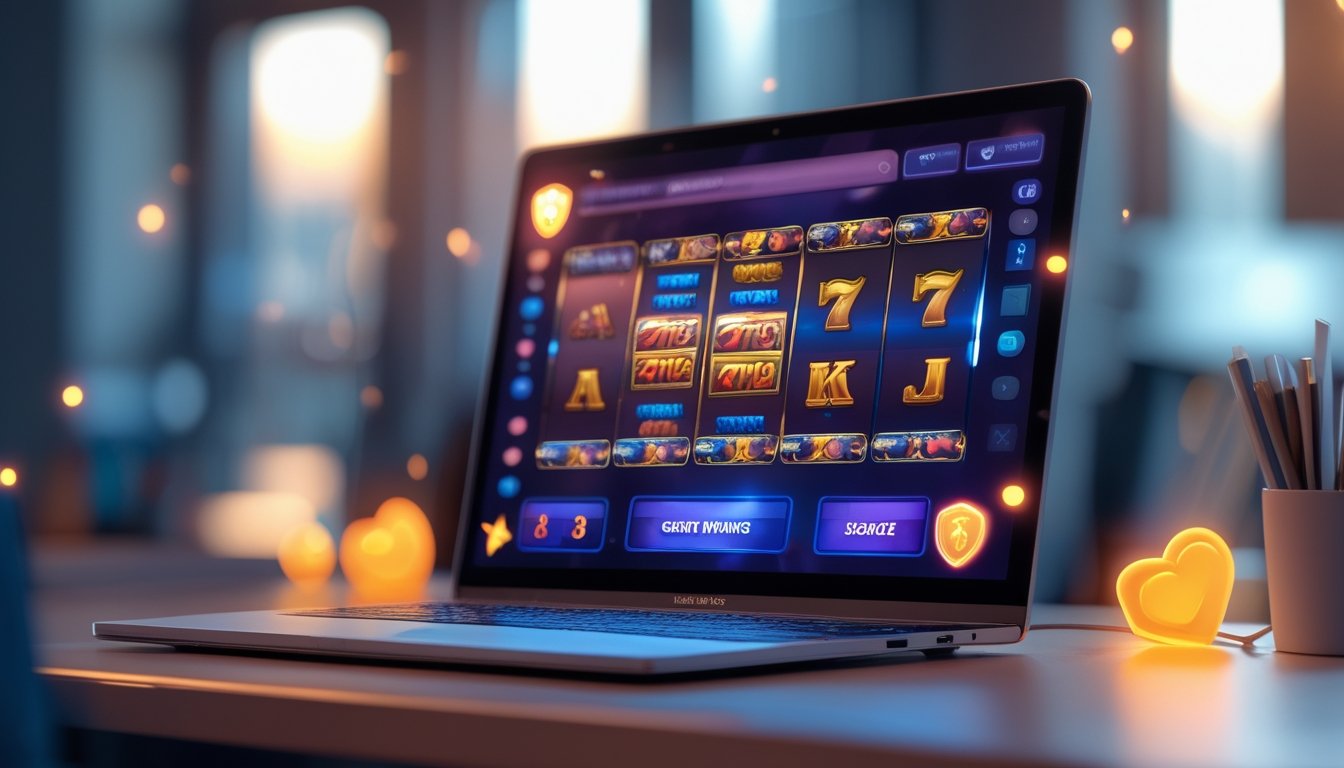 Seorang pengguna bermain permainan slot online di laptop dengan latar belakang yang bersih dan pencahayaan hangat.