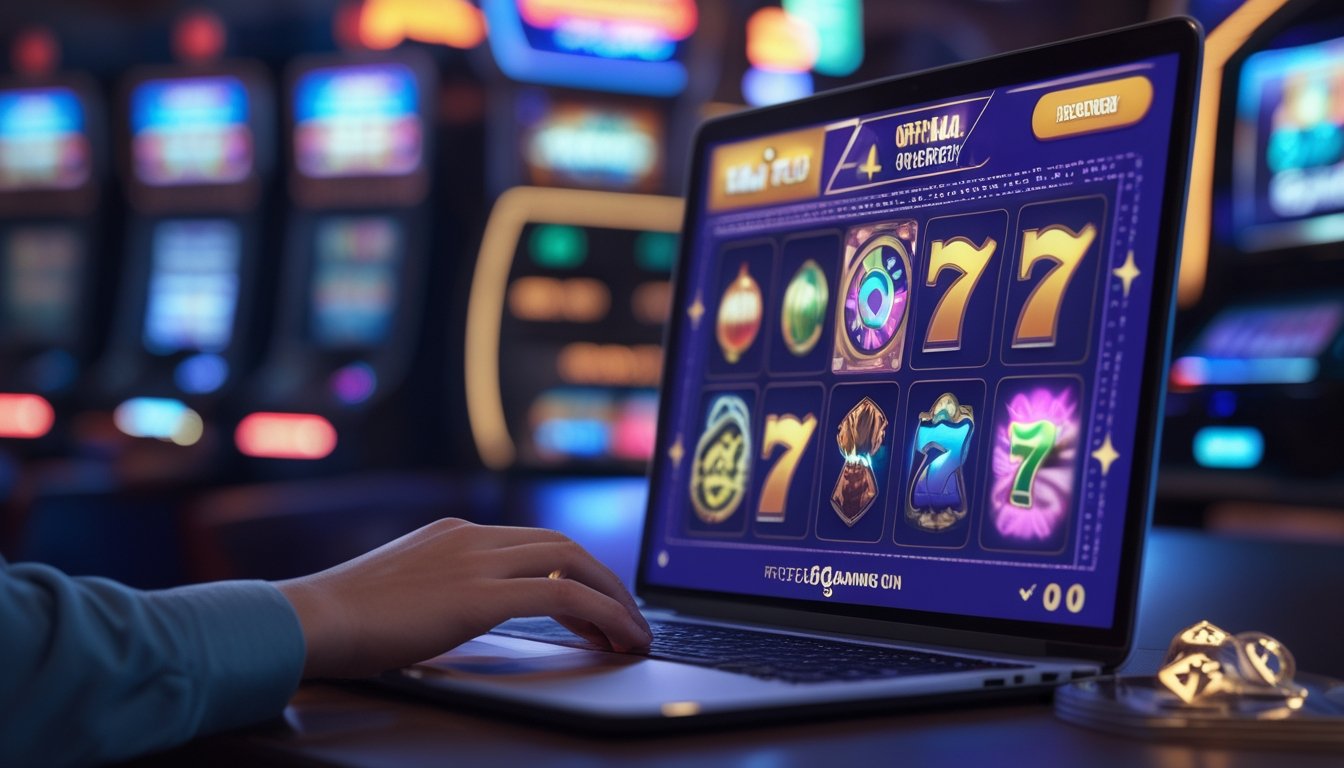 Seseorang menggunakan laptop dengan tampilan permainan slot online yang berwarna-warni, dikelilingi ikon keamanan dan suasana kasino yang samar.