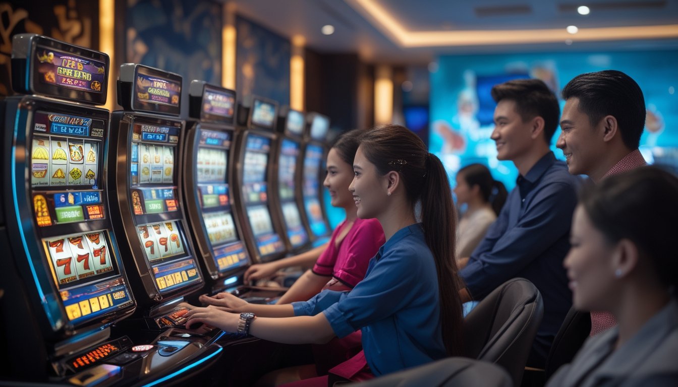 Beberapa orang sedang bermain mesin slot digital di sebuah ruang permainan modern dengan pencahayaan hangat dan dekorasi bergaya Indonesia.